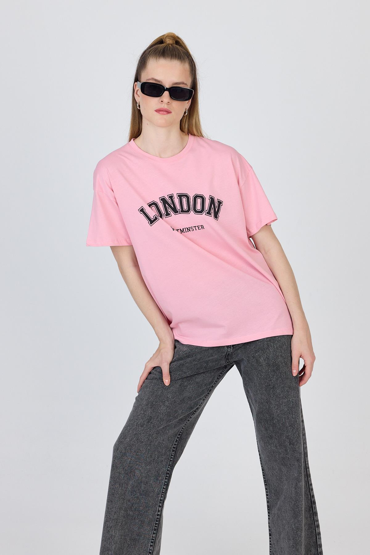 Pembe Yazı Baskılı %100 Pamuk Oversize Tişört 2150-9M - 6
