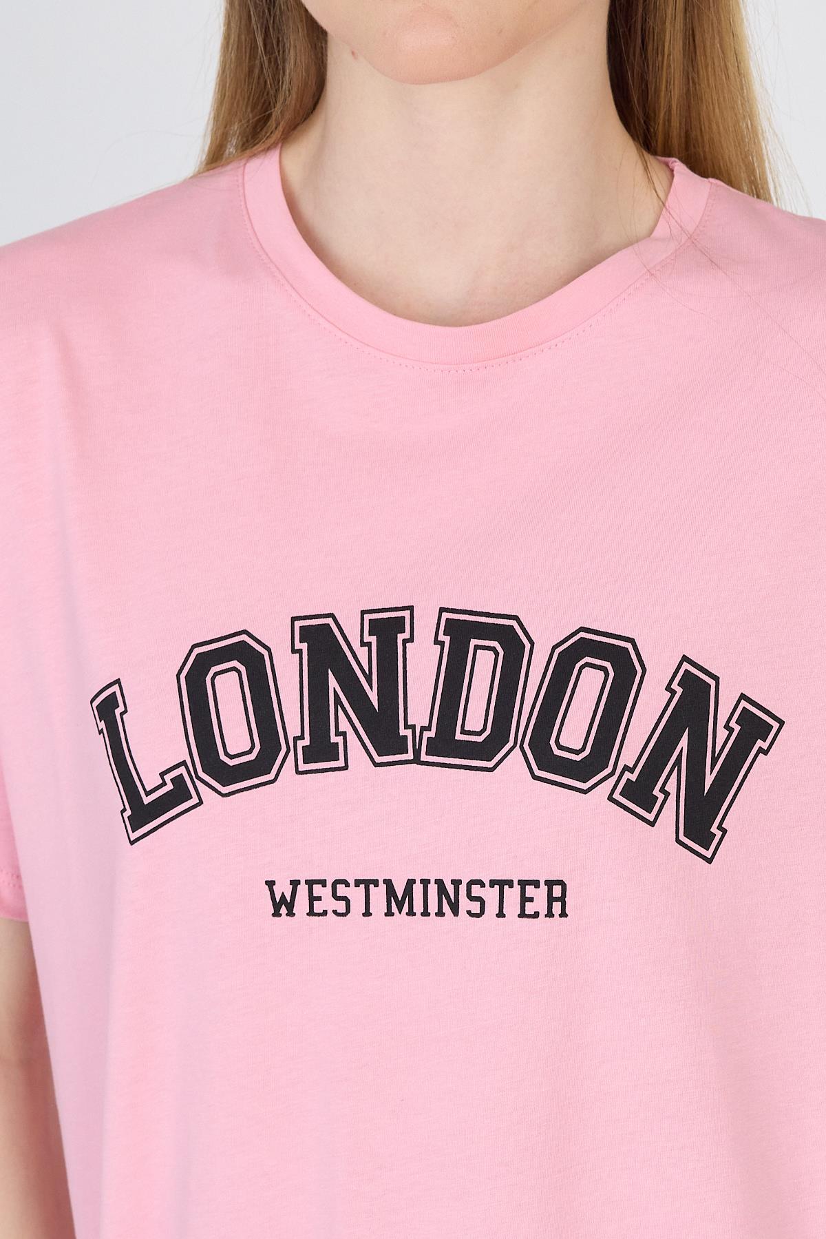 Pembe Yazı Baskılı %100 Pamuk Oversize Tişört 2150-9M - 4