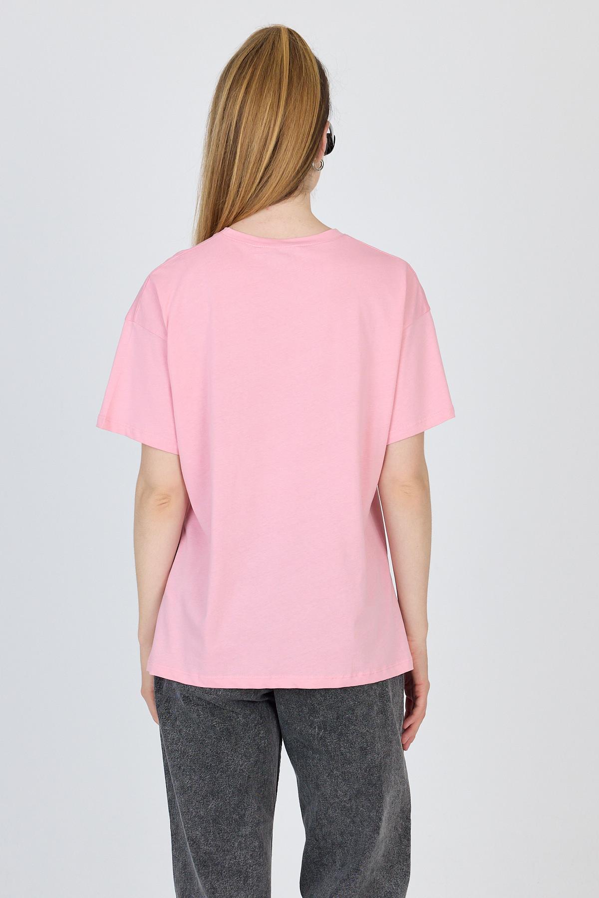 Pembe Yazı Baskılı %100 Pamuk Oversize Tişört 2150-9M - 5