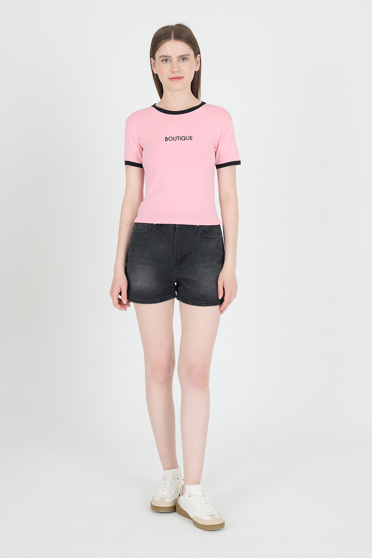 Pembe Yazı Baskılı Biyeli Pamuklu Slim Fit Tişört 9192M - 6