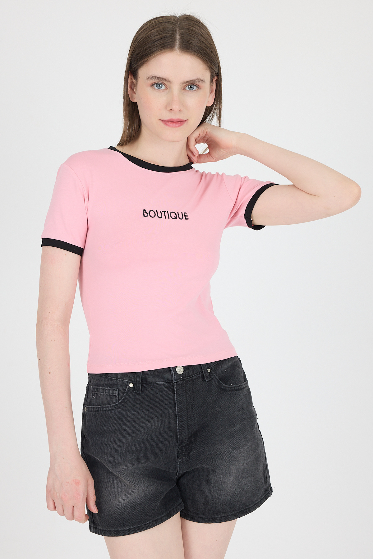 Pembe Yazı Baskılı Biyeli Pamuklu Slim Fit Tişört 9192M 