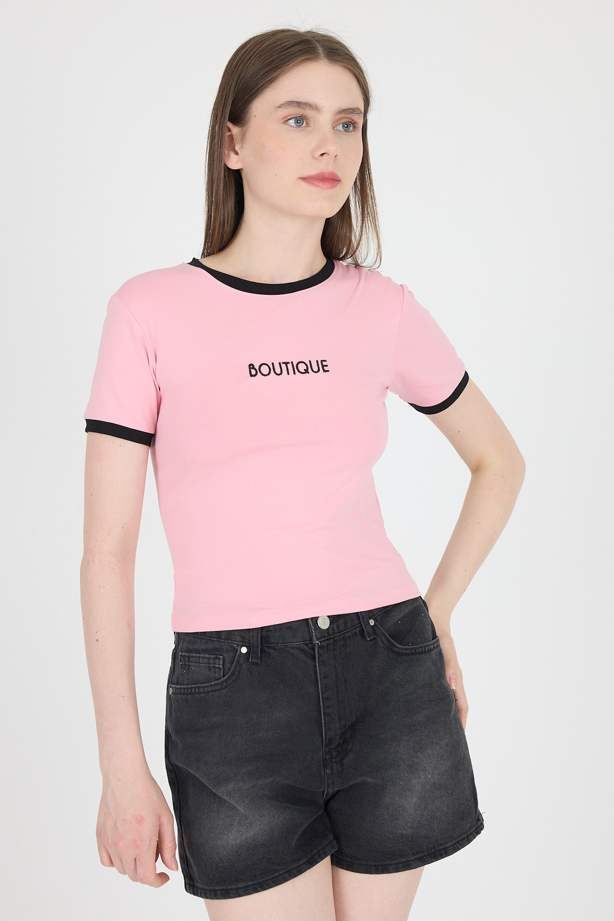 Pembe Yazı Baskılı Biyeli Pamuklu Slim Fit Tişört 9192M - 2