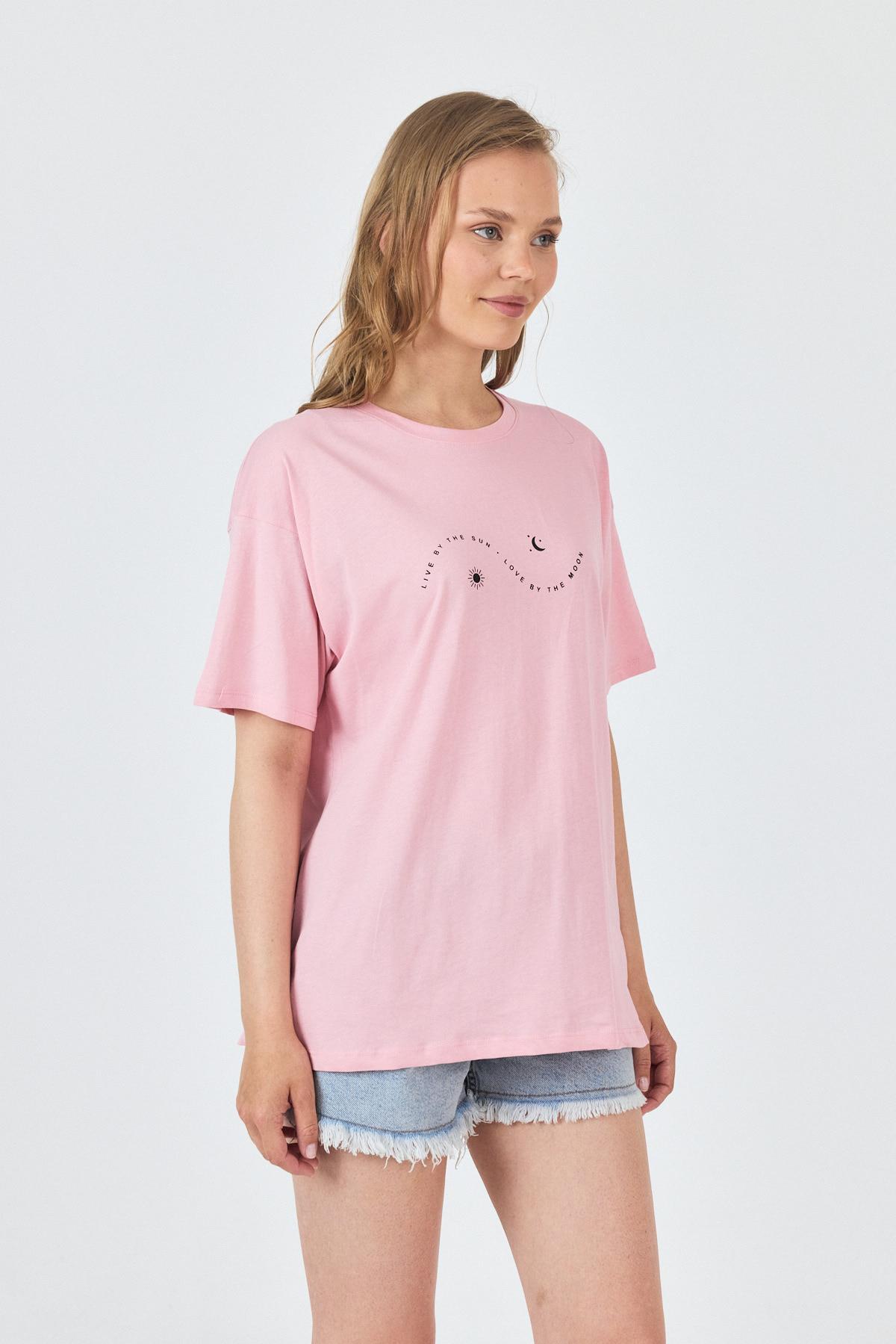 Pembe Yazı Baskılı Oversize Pamuklu Tişört 2150-32M - 3