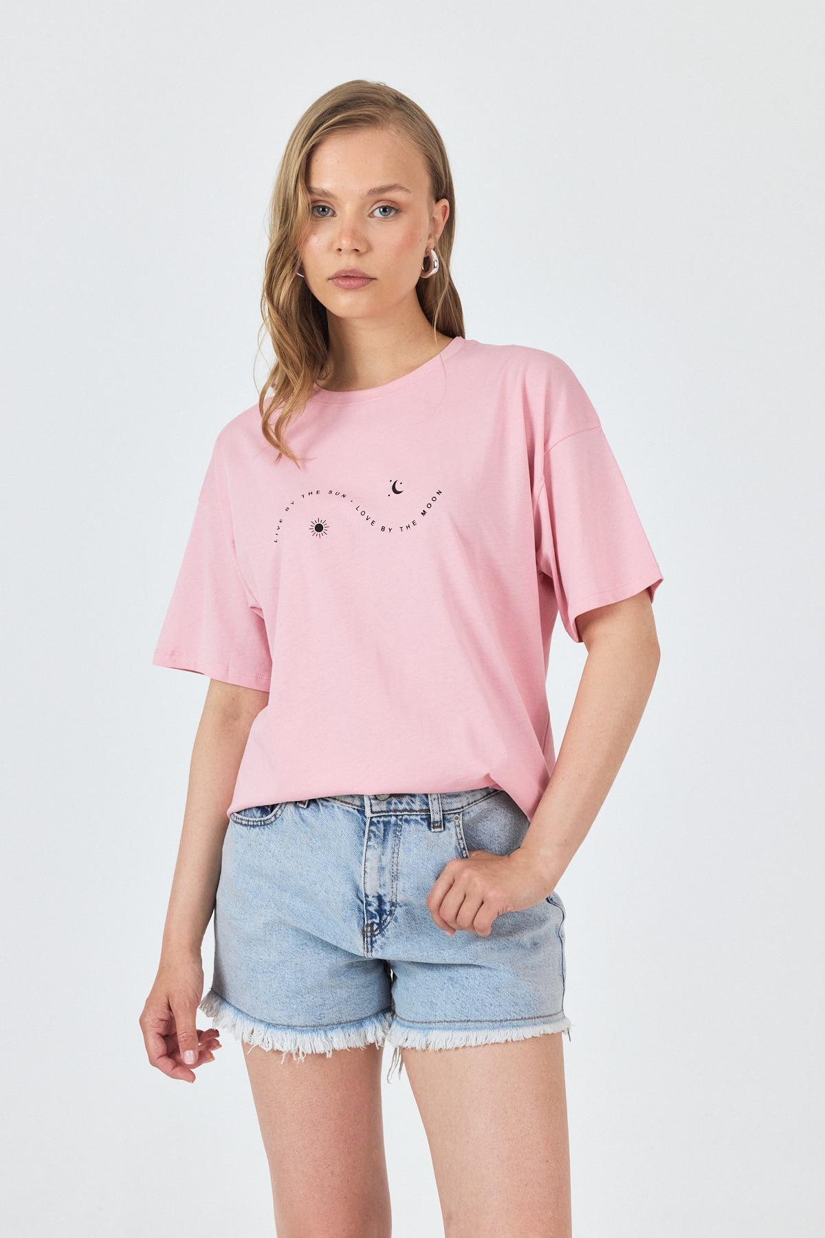 Pembe Yazı Baskılı Oversize Pamuklu Tişört 2150-32M - 1