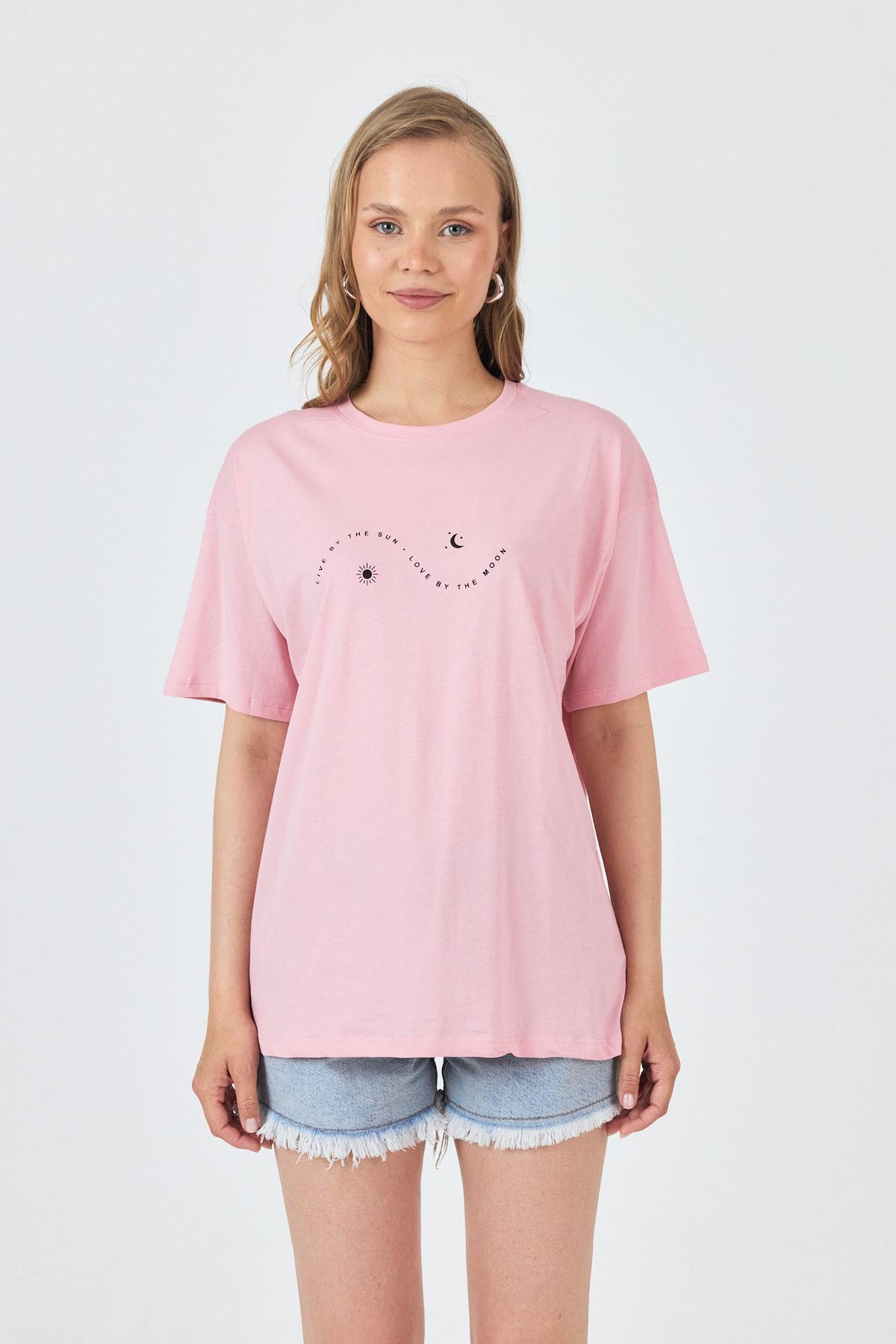 Pembe Yazı Baskılı Oversize Pamuklu Tişört 2150-32M - RAYS