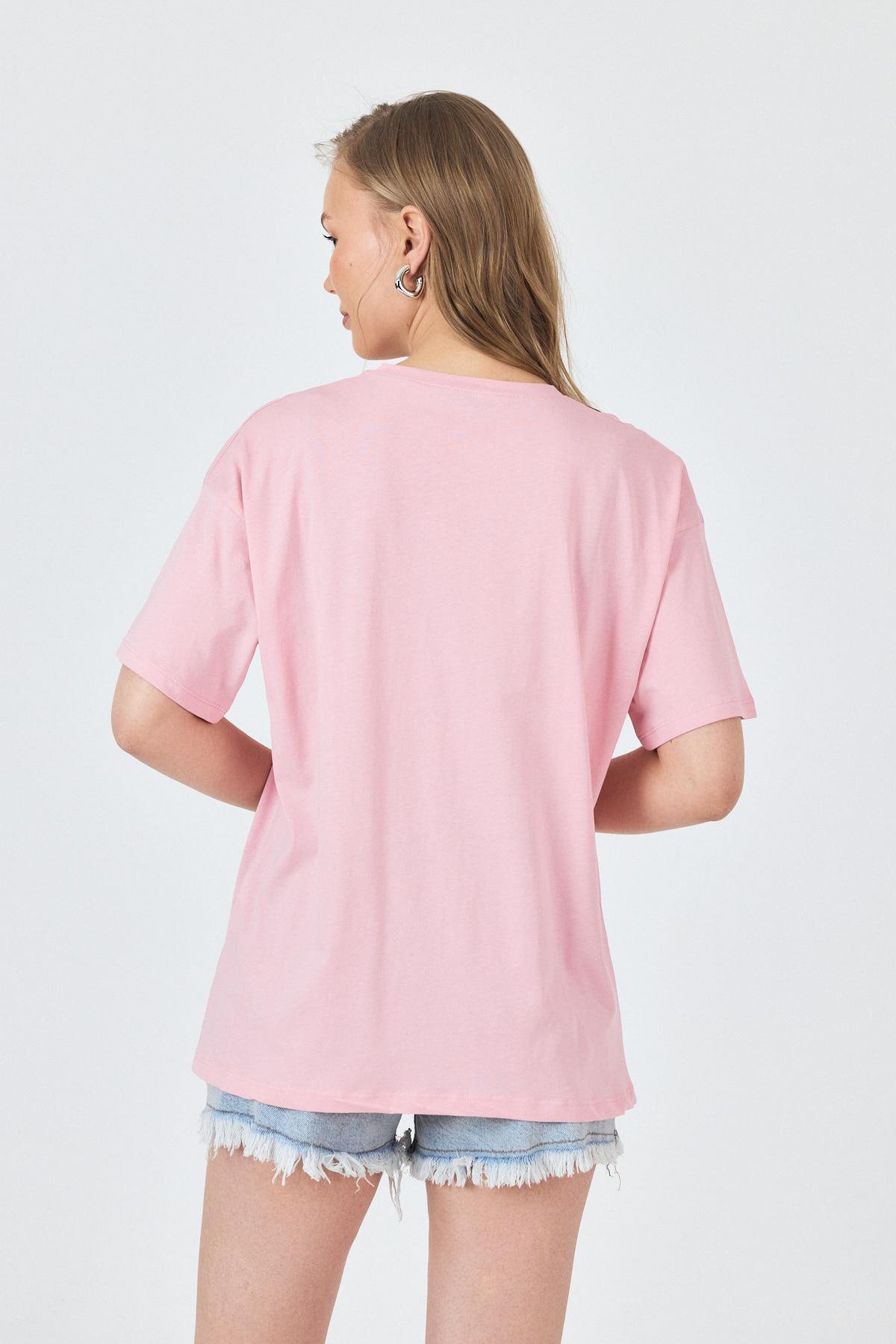 Pembe Yazı Baskılı Oversize Pamuklu Tişört 2150-32M - 5