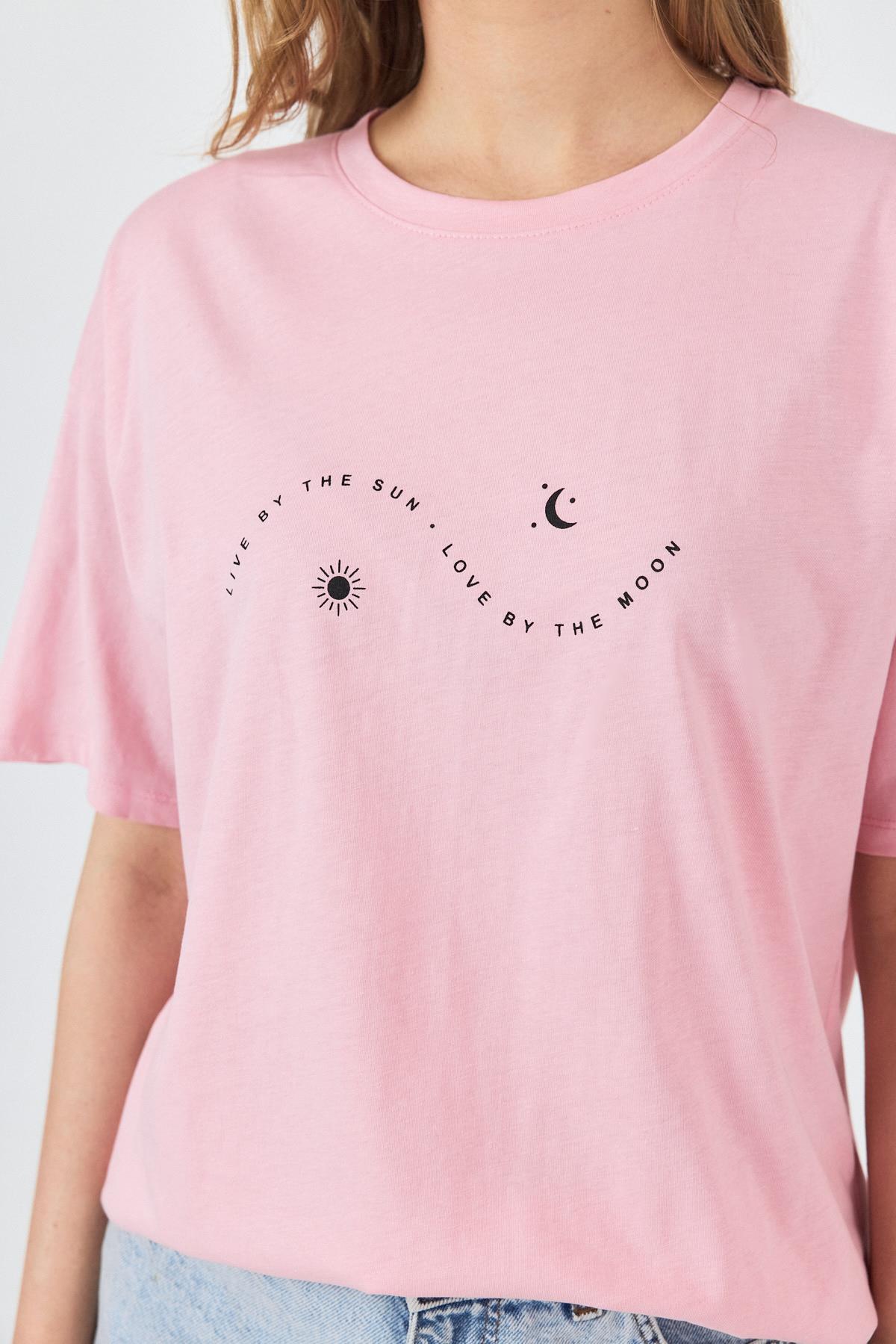 Pembe Yazı Baskılı Oversize Pamuklu Tişört 2150-32M - 4