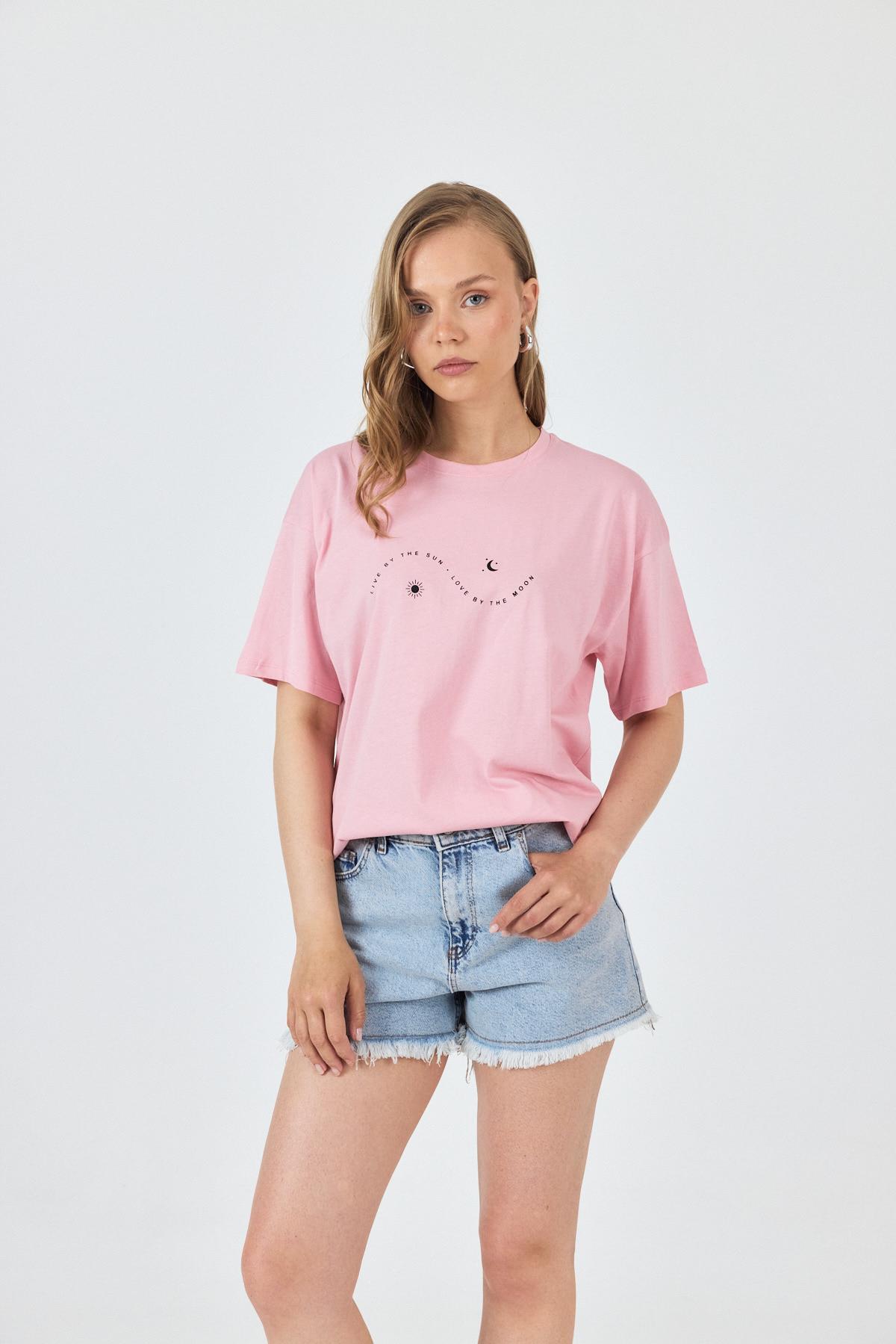 Pembe Yazı Baskılı Oversize Pamuklu Tişört 2150-32M - 6