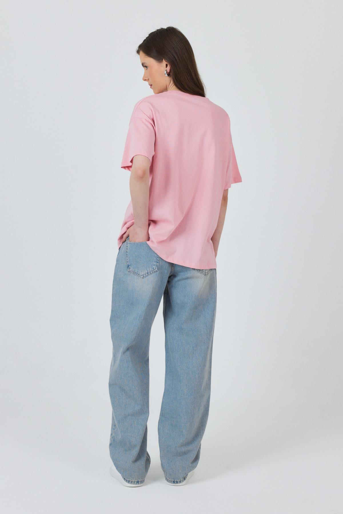 Pembe Yazı Baskılı Pamuklu Oversize Tişört 2150-3M - 7