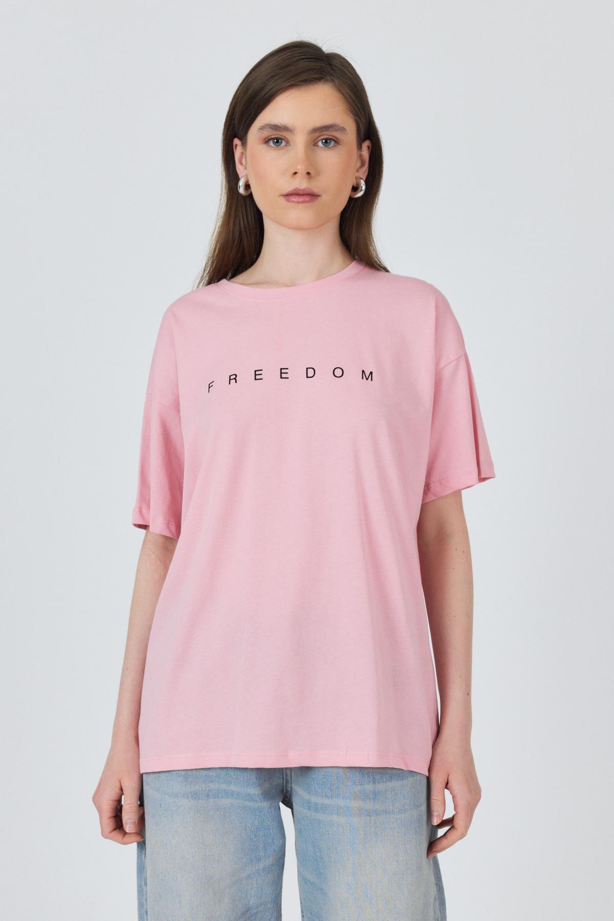 Pembe Yazı Baskılı Pamuklu Oversize Tişört 2150-3M - RAYS