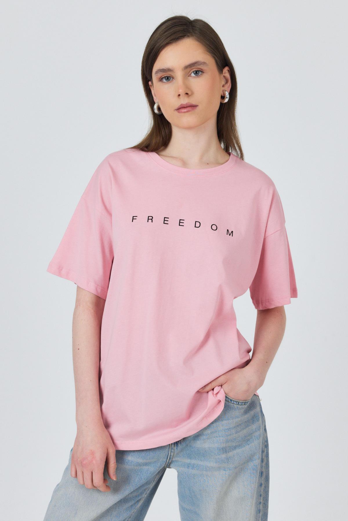 Pembe Yazı Baskılı Pamuklu Oversize Tişört 2150-3M 