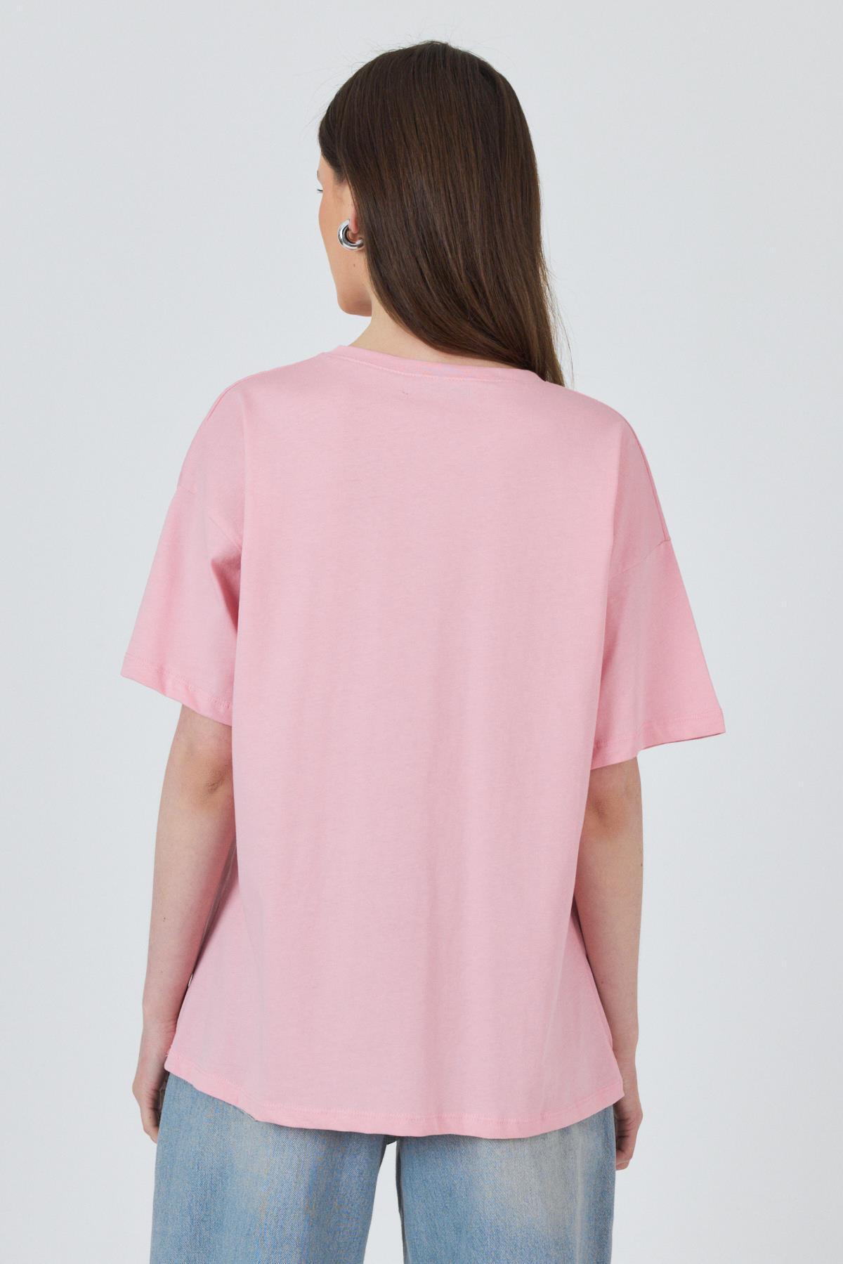 Pembe Yazı Baskılı Pamuklu Oversize Tişört 2150-3M - 5