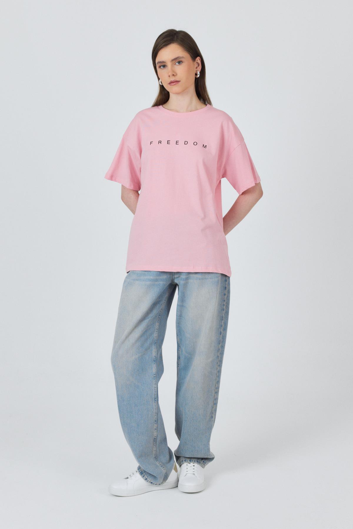 Pembe Yazı Baskılı Pamuklu Oversize Tişört 2150-3M - 8