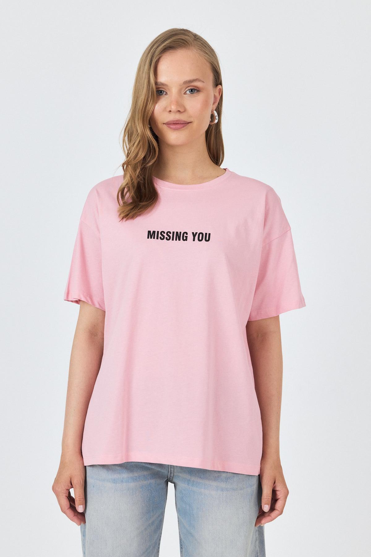 Pembe Yazı Baskılı Pamuklu Oversize Tişört 2150-6M - 2