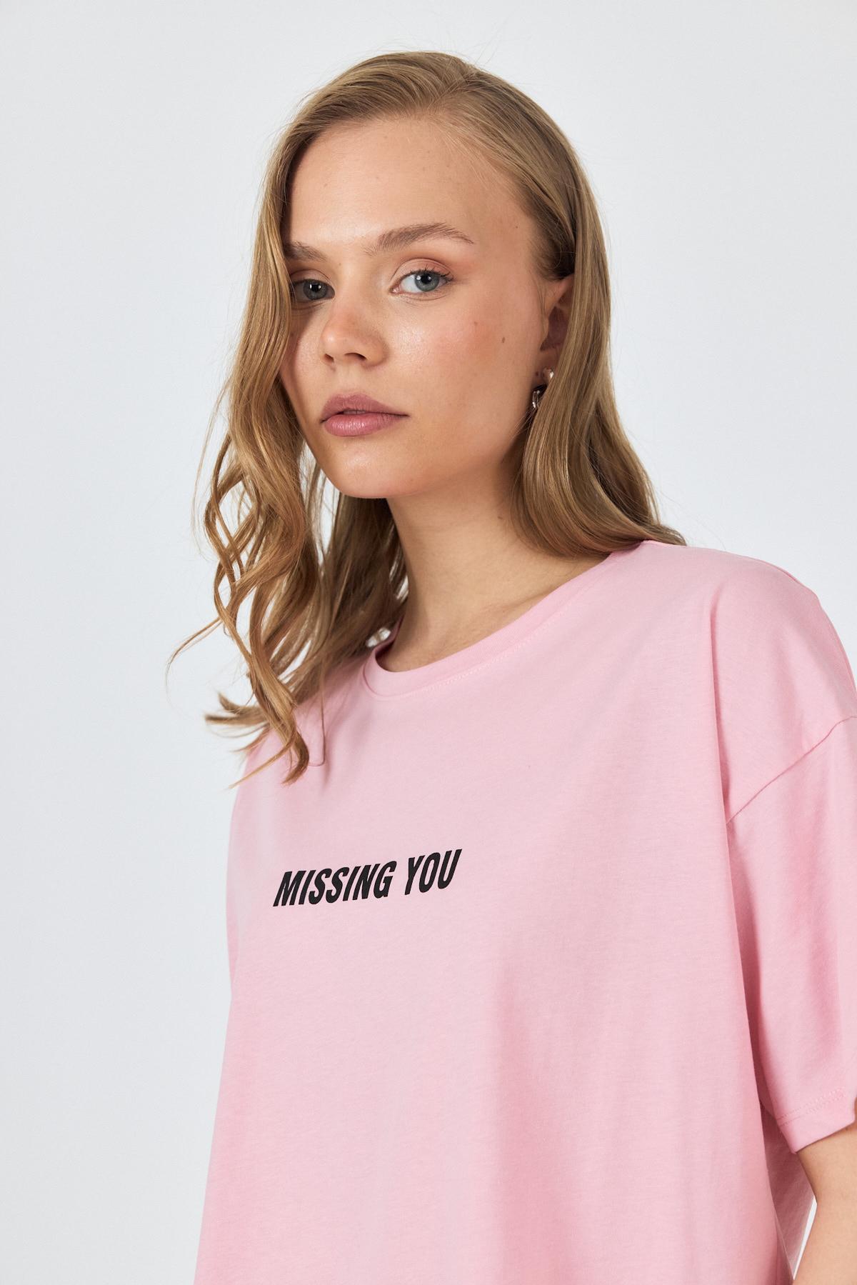 Pembe Yazı Baskılı Pamuklu Oversize Tişört 2150-6M - 4