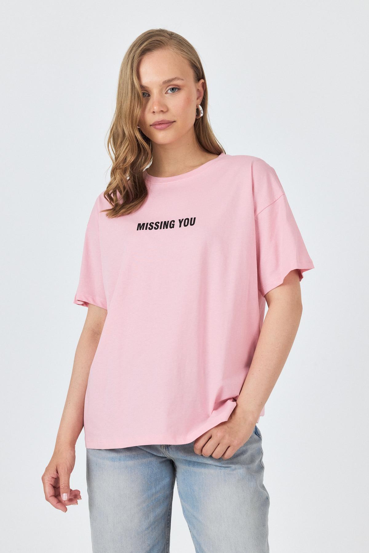 Pembe Yazı Baskılı Pamuklu Oversize Tişört 2150-6M - 3