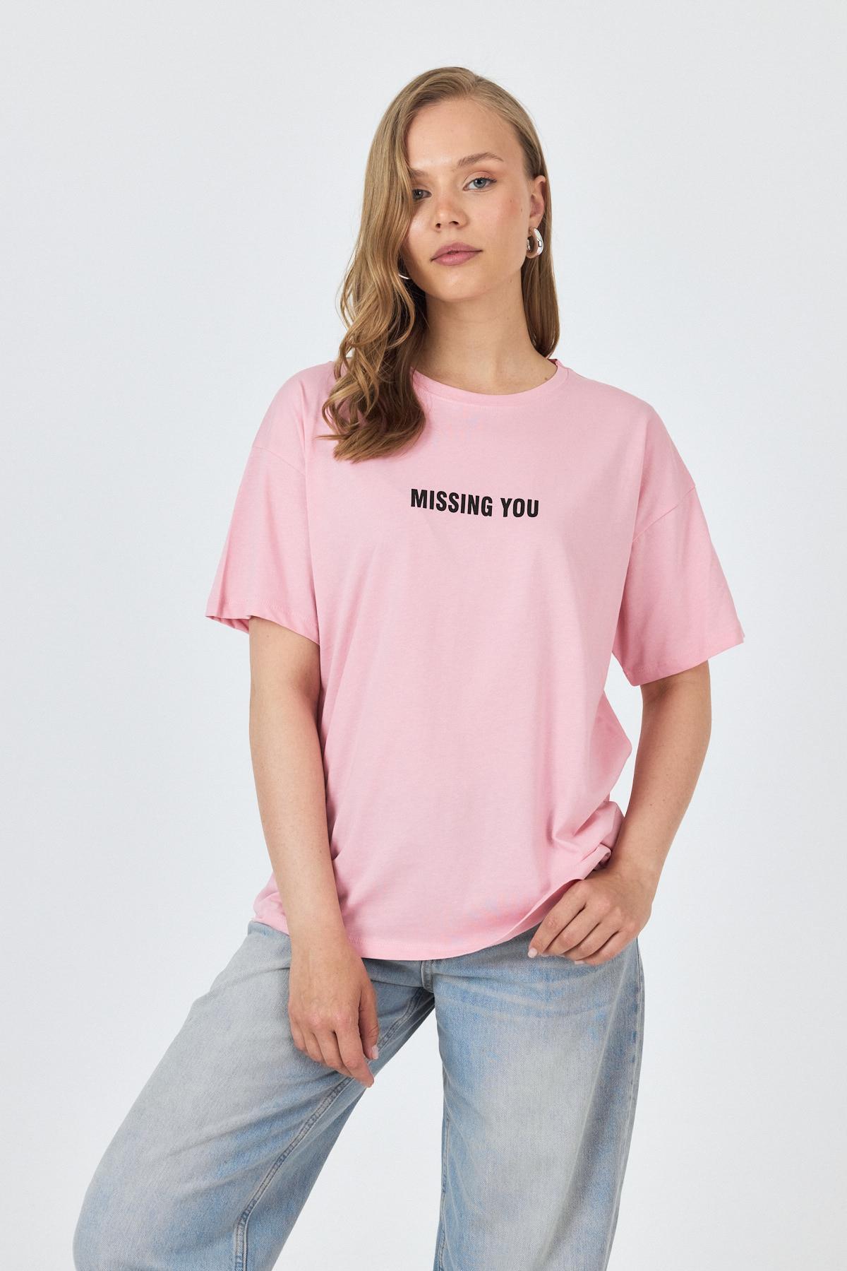 Pembe Yazı Baskılı Pamuklu Oversize Tişört 2150-6M - 1