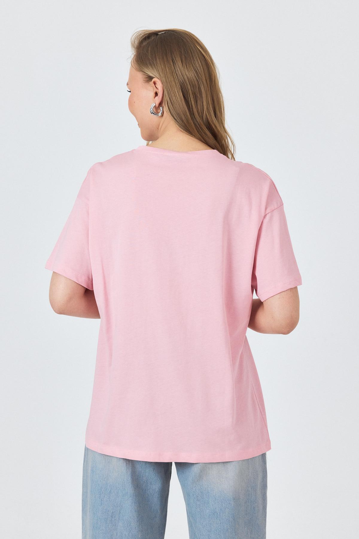 Pembe Yazı Baskılı Pamuklu Oversize Tişört 2150-6M - 5