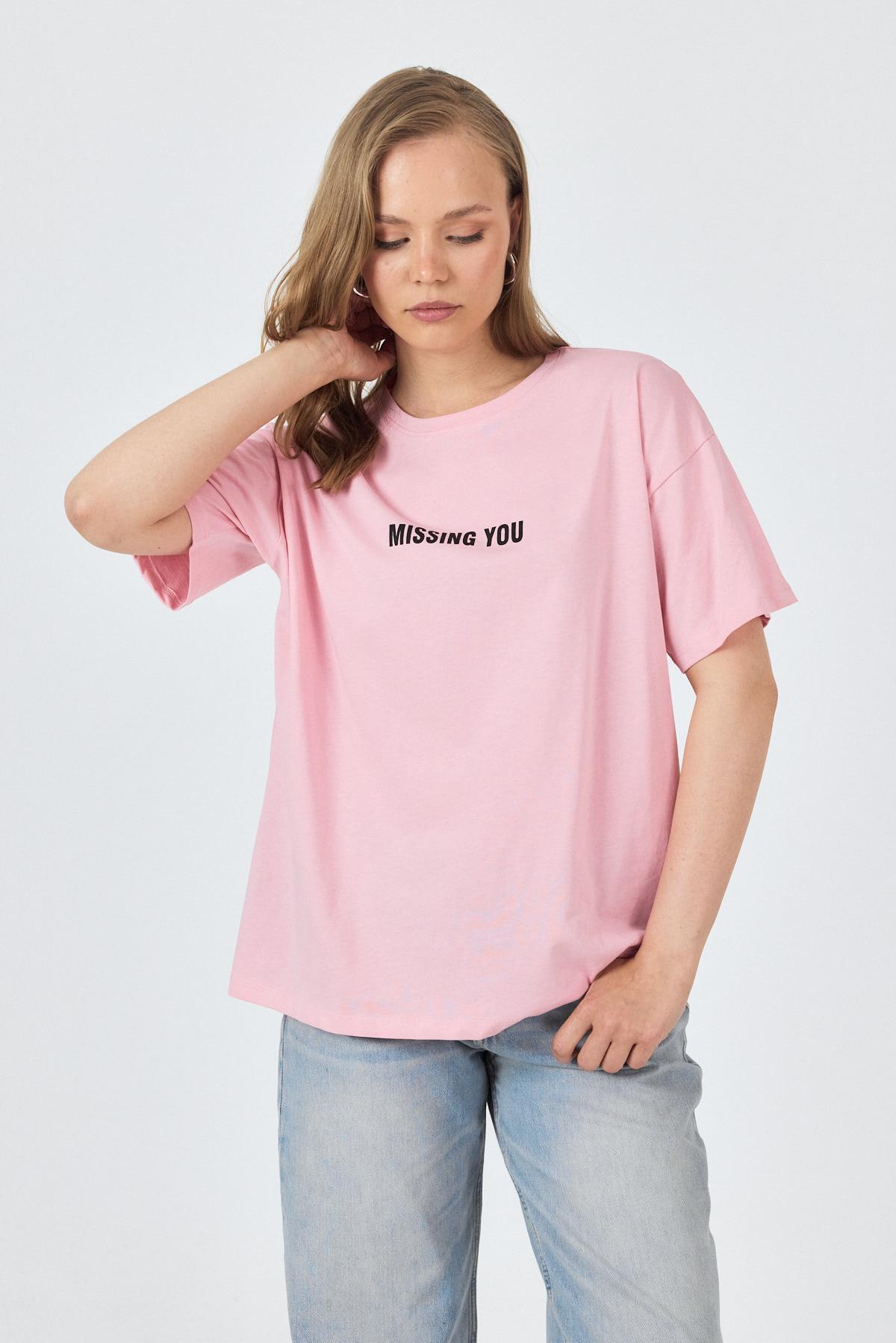 Pembe Yazı Baskılı Pamuklu Oversize Tişört 2150-6M - 6