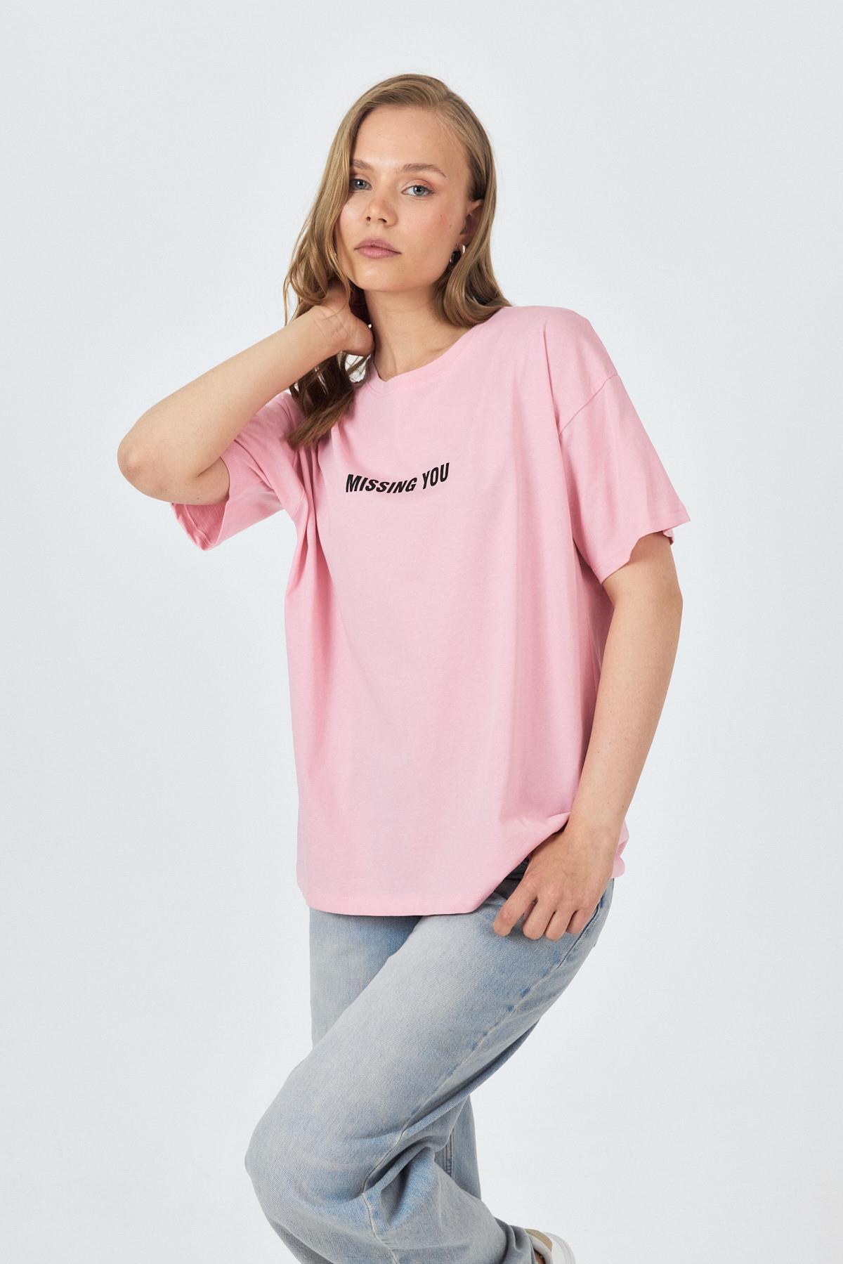 Pembe Yazı Baskılı Pamuklu Oversize Tişört 2150-6M - 7