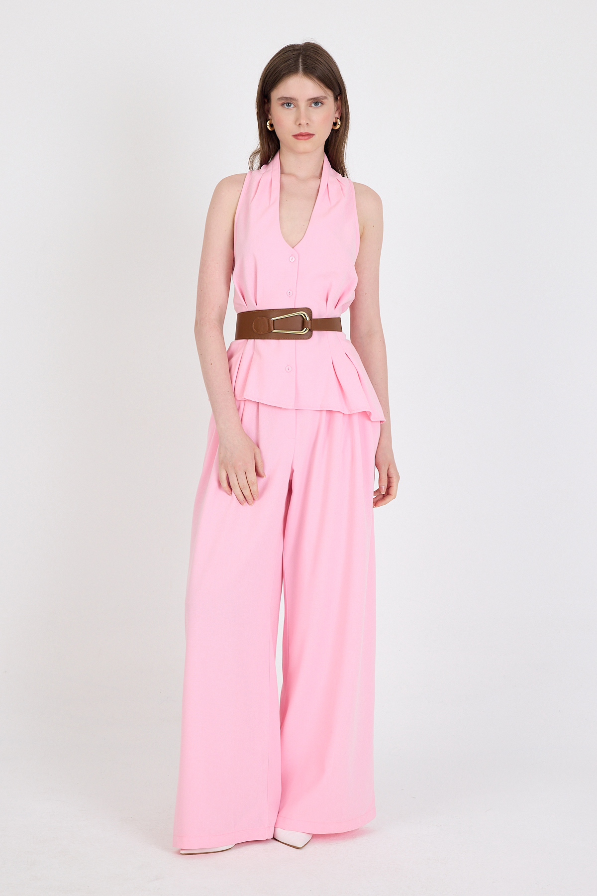 Pembe Yelekli Kemerli Pantolon Takım 5254 - 3