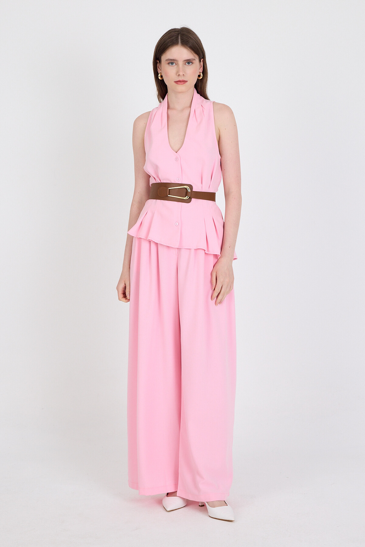 Pembe Yelekli Kemerli Pantolon Takım 5254 - 1