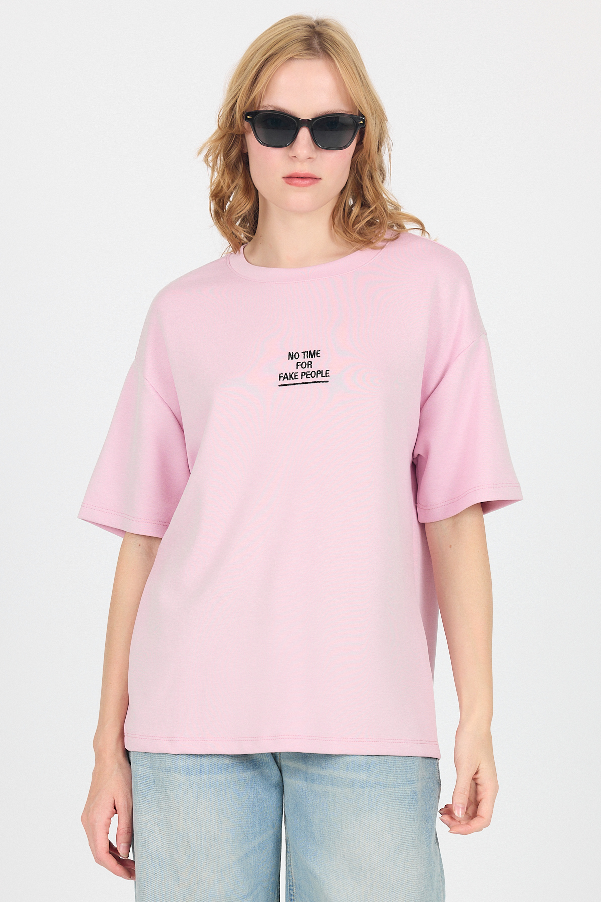 Pembe Yumuşak Dokulu Yazı Baskılı Oversize Tişört 6265 - 2