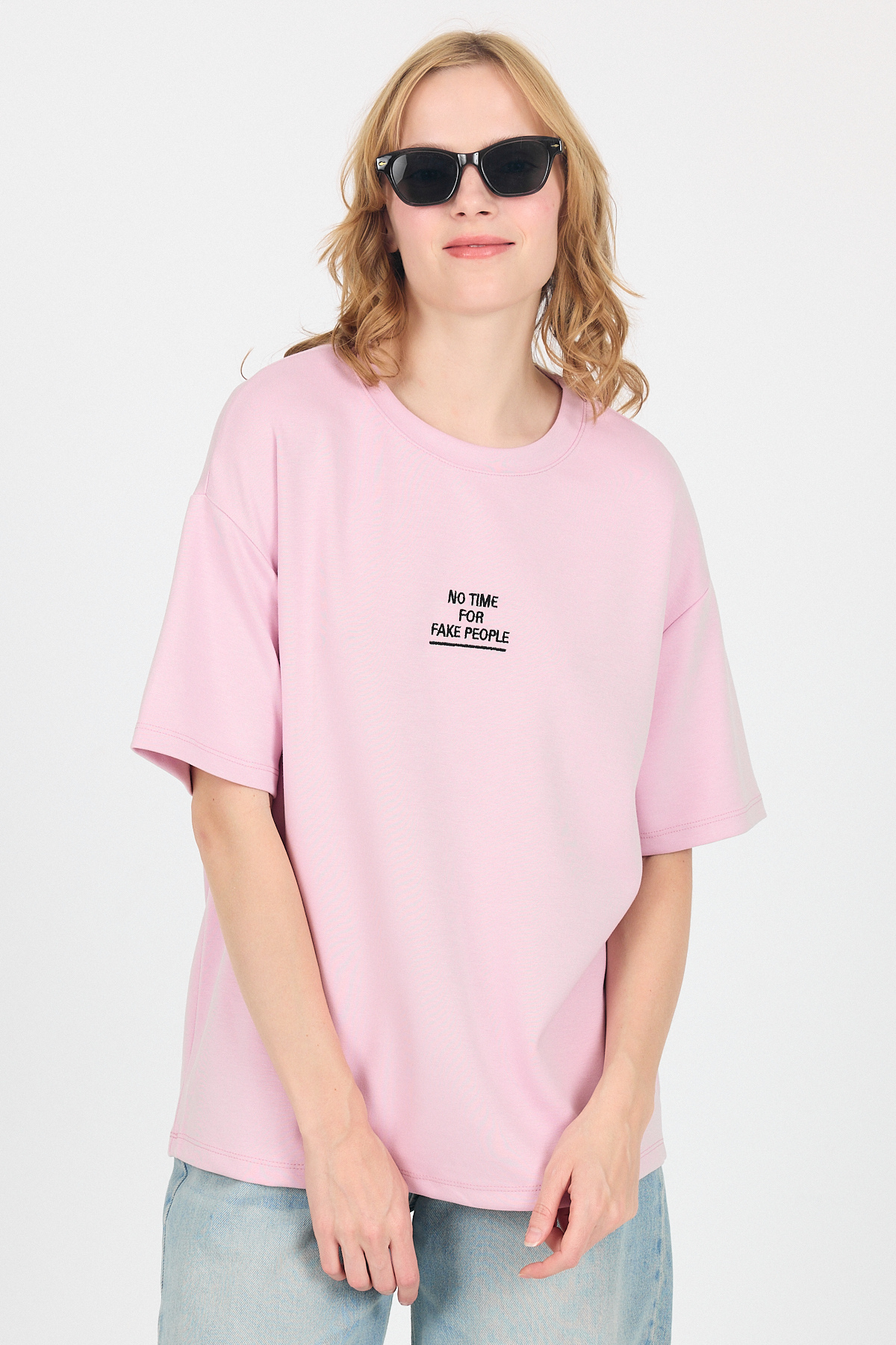 Pembe Yumuşak Dokulu Yazı Baskılı Oversize Tişört 6265 - 6