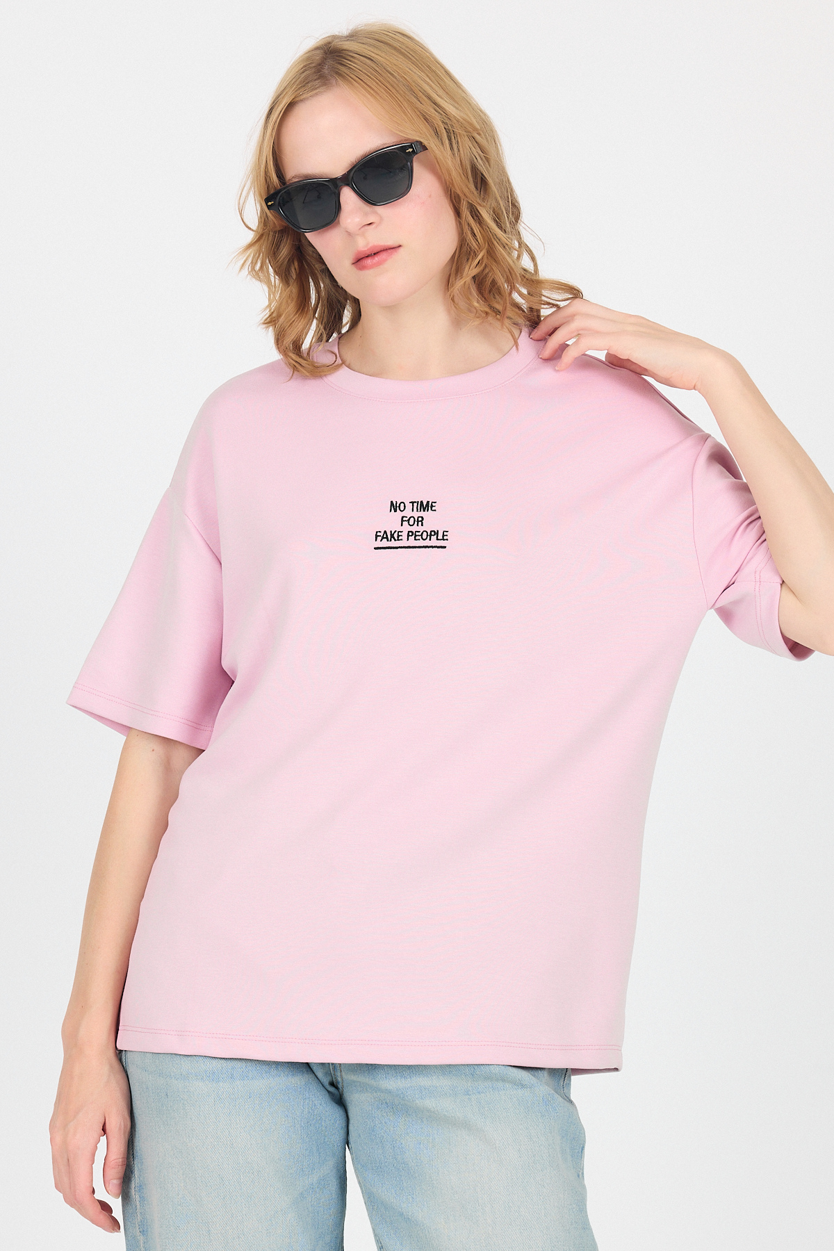Pembe Yumuşak Dokulu Yazı Baskılı Oversize Tişört 6265 - 7