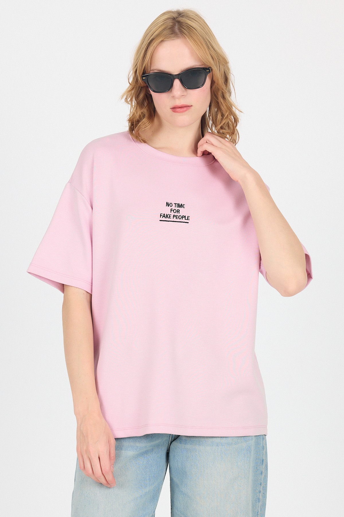 Pembe Yumuşak Dokulu Yazı Baskılı Oversize Tişört 6265 - 1
