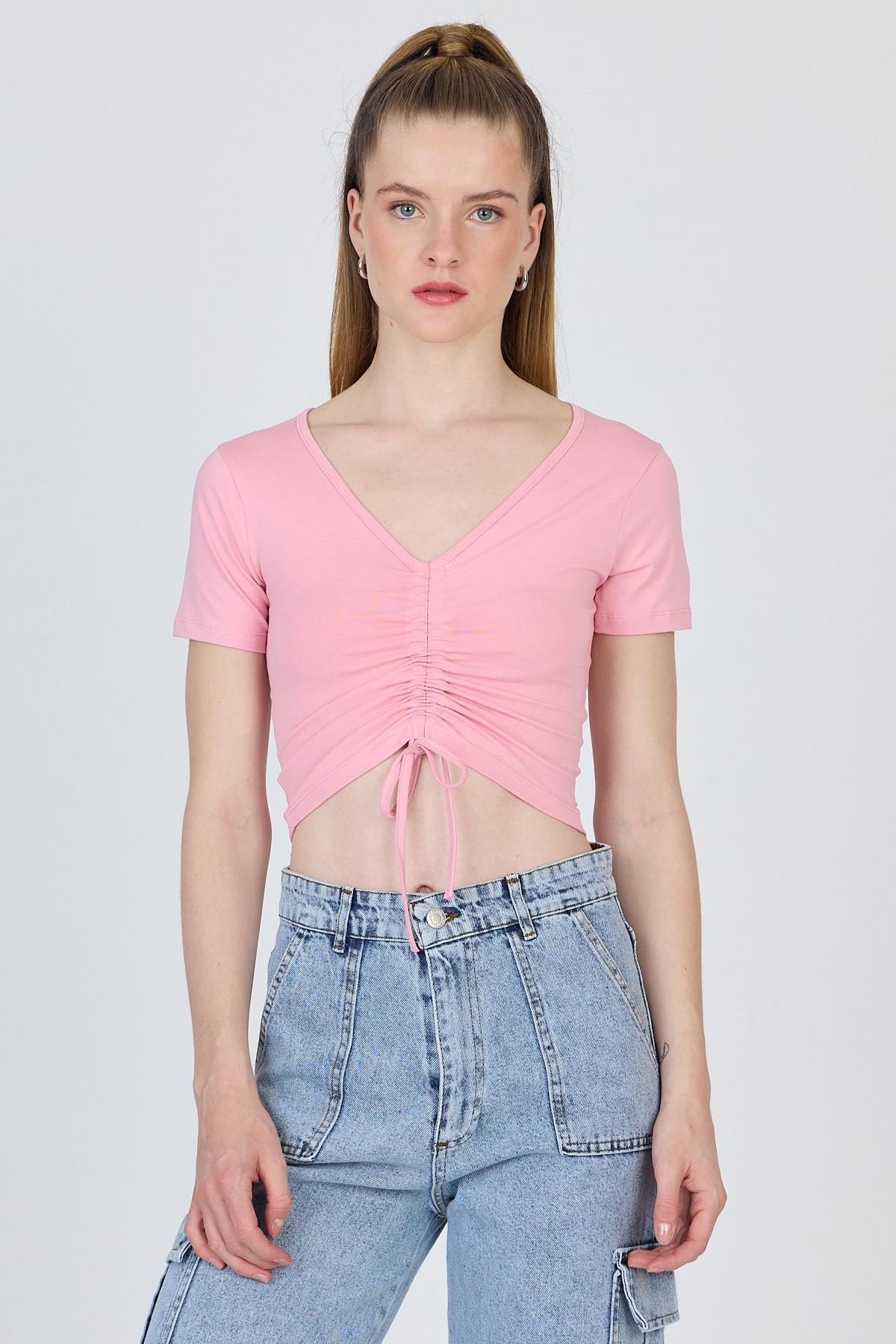 Pembe V Yaka Büzgülü Crop Tişört 9201M - RAYS