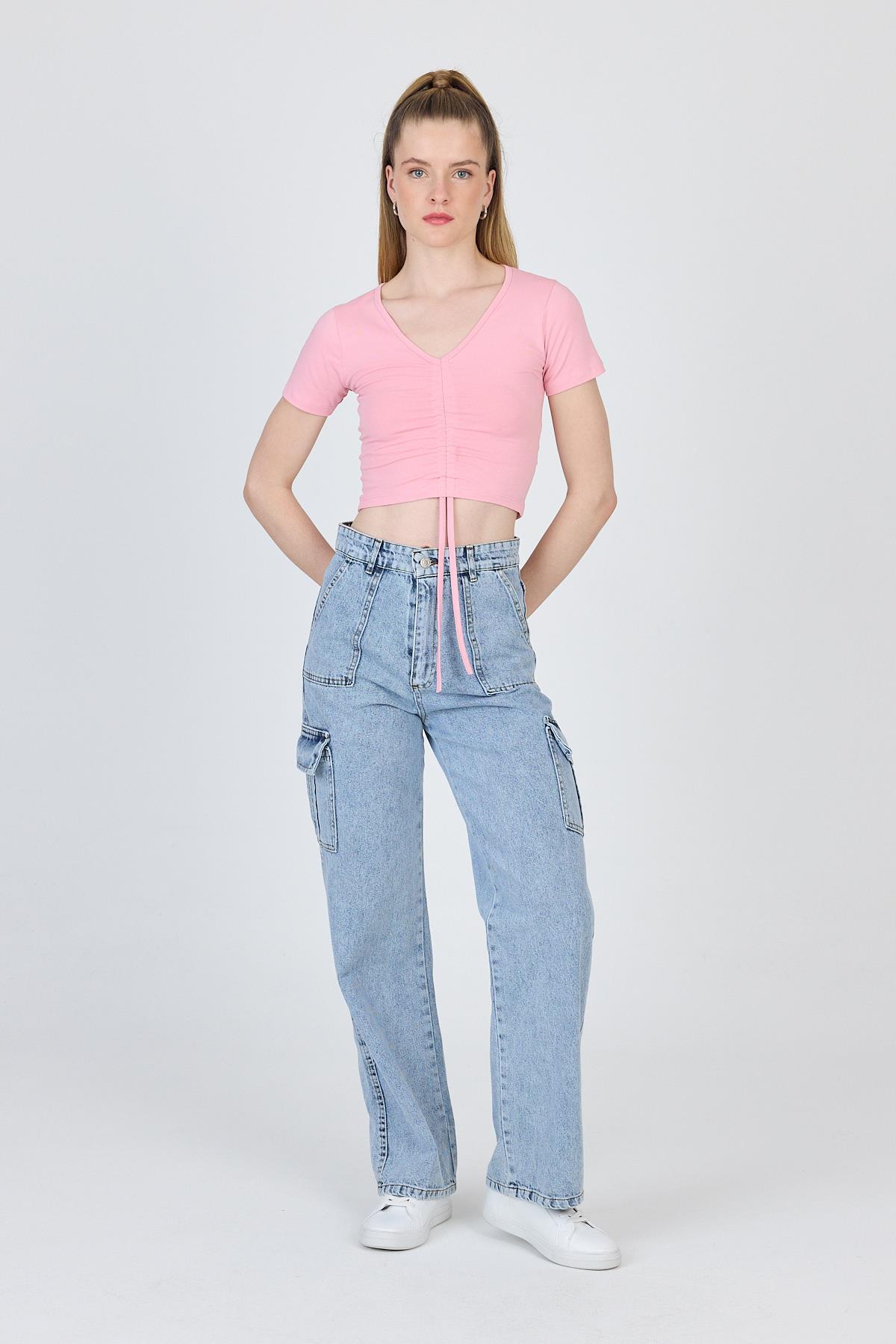 Pembe V Yaka Büzgülü Crop Tişört 9201M - RAYS