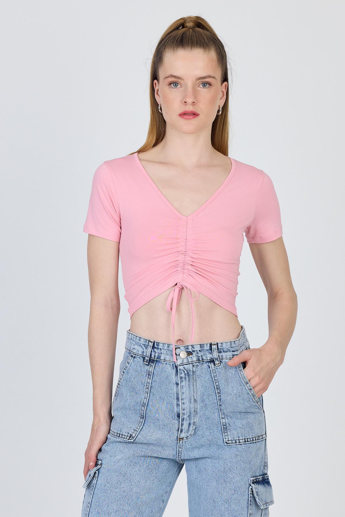 Pembe V Yaka Büzgülü Crop Tişört 9201M - RAYS