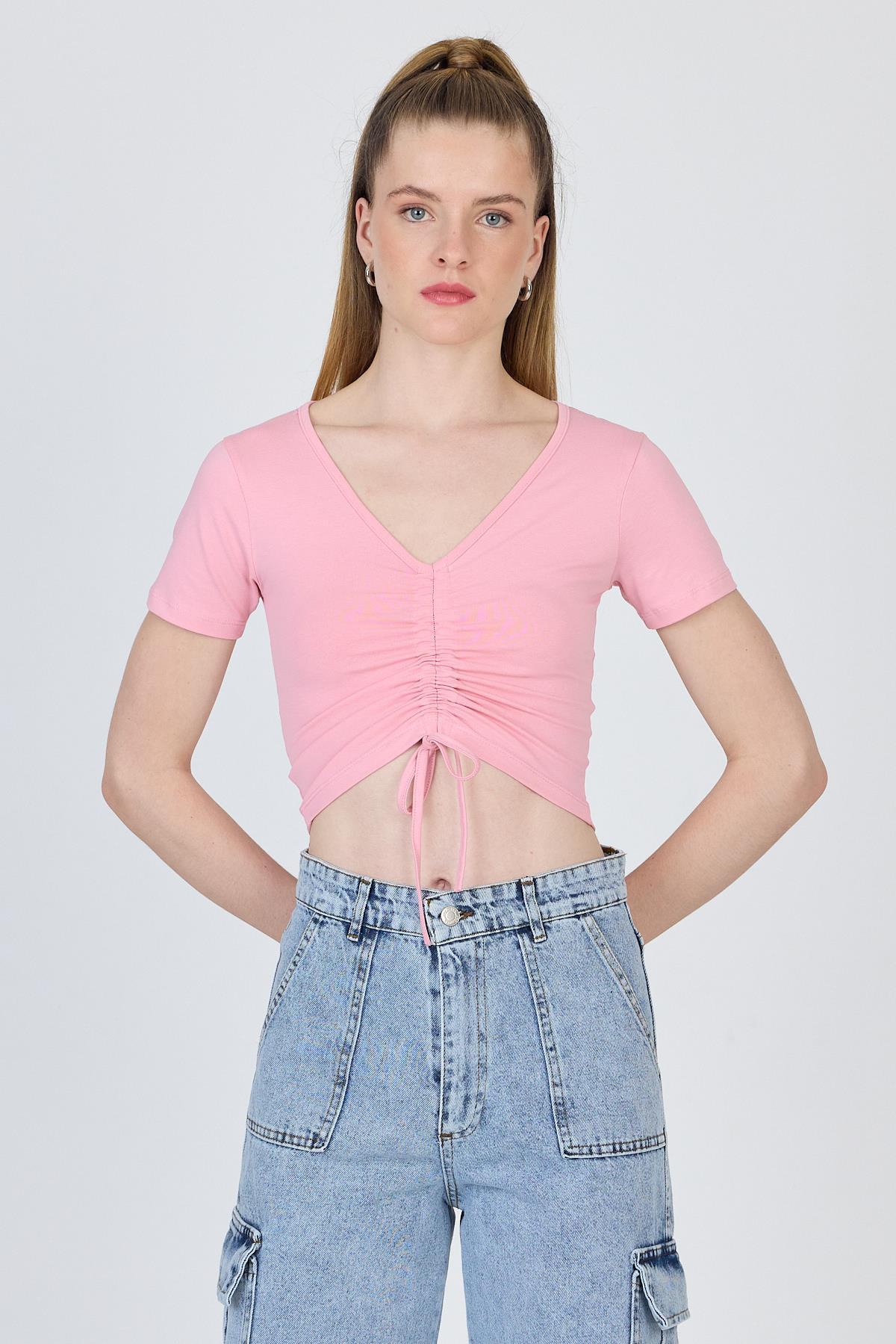 Pembe V Yaka Büzgülü Crop Tişört 9201M - 7