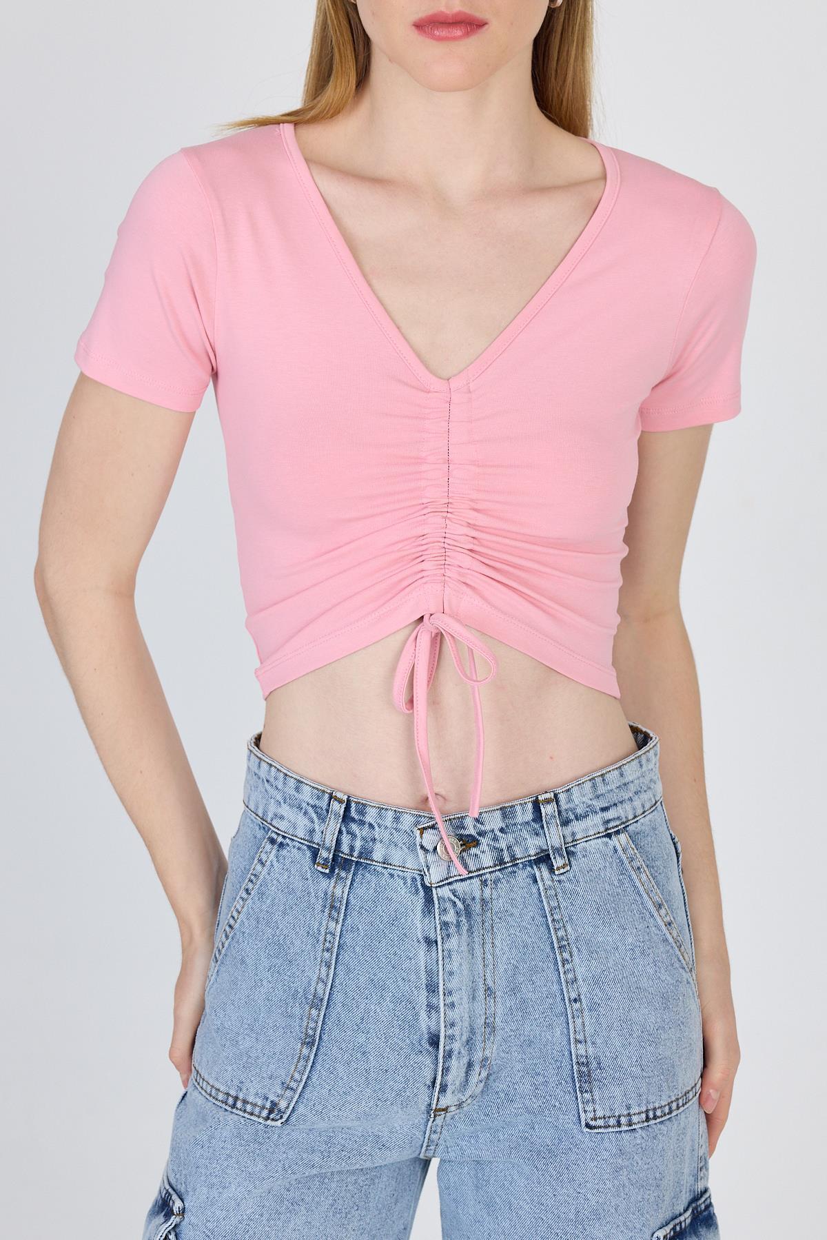 Pembe V Yaka Büzgülü Crop Tişört 9201M - 6