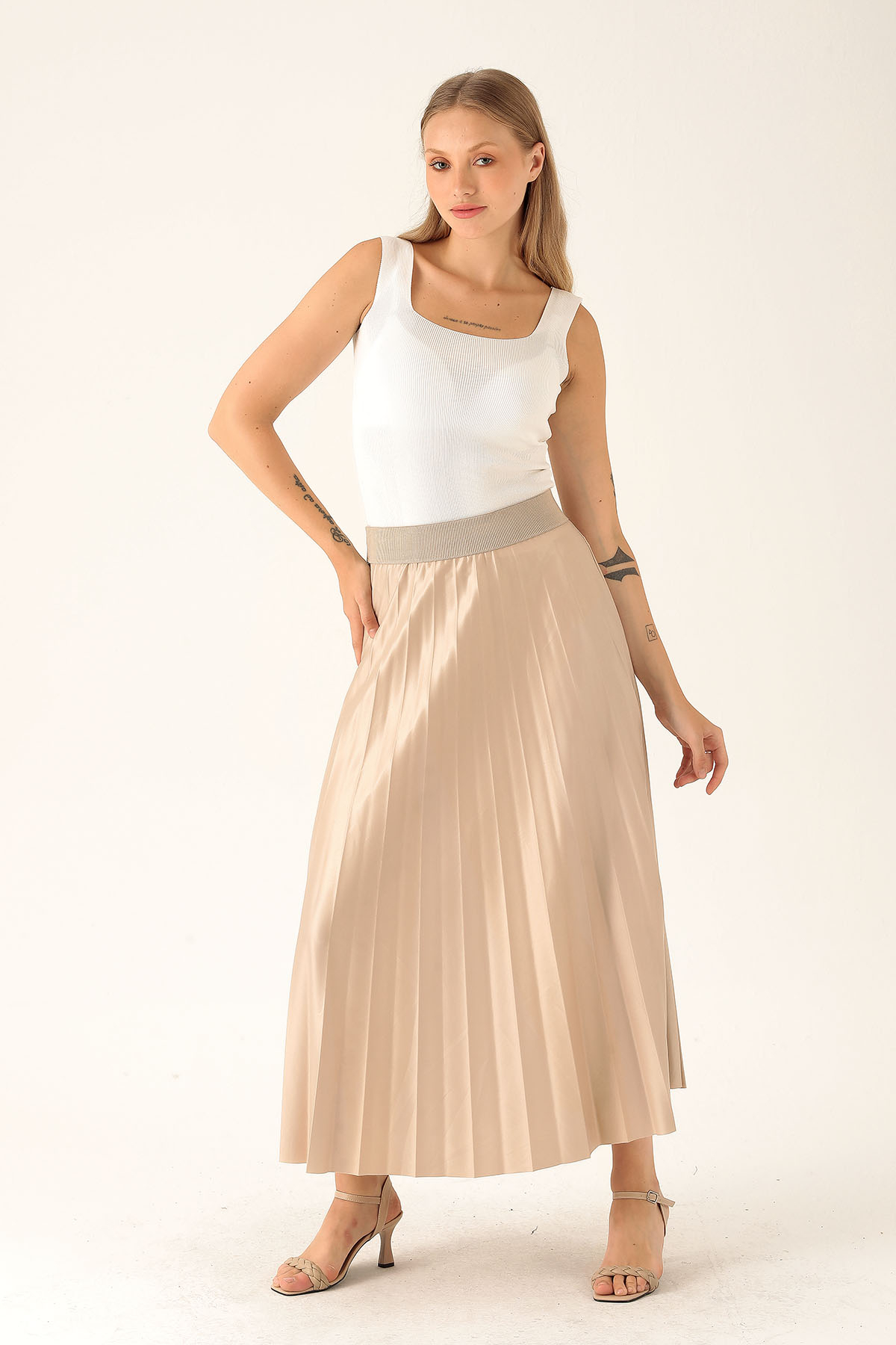 Pliseli Uzun Etek - 1340 Bej - 1