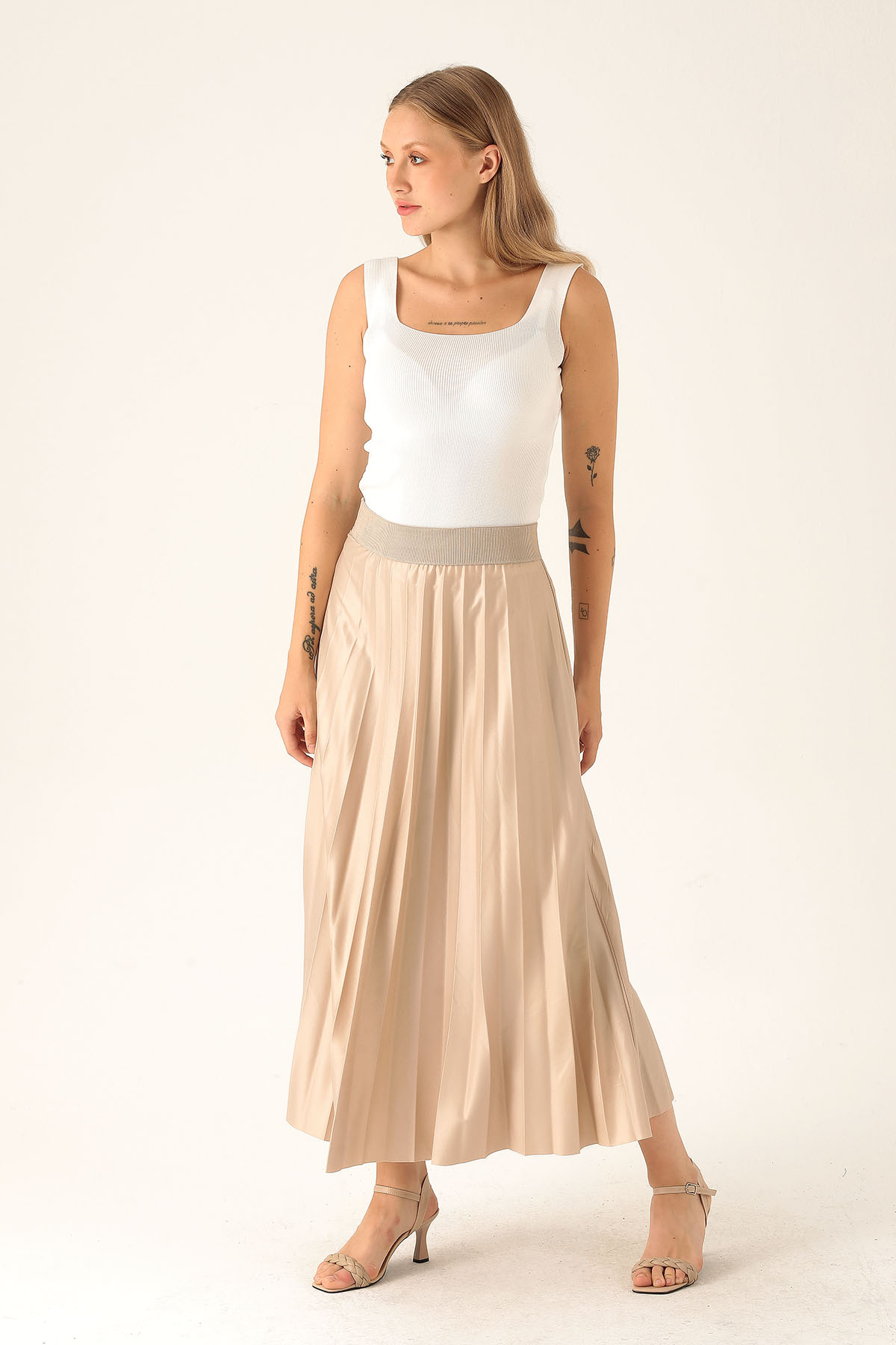 Pliseli Uzun Etek - 1340 Bej - 2
