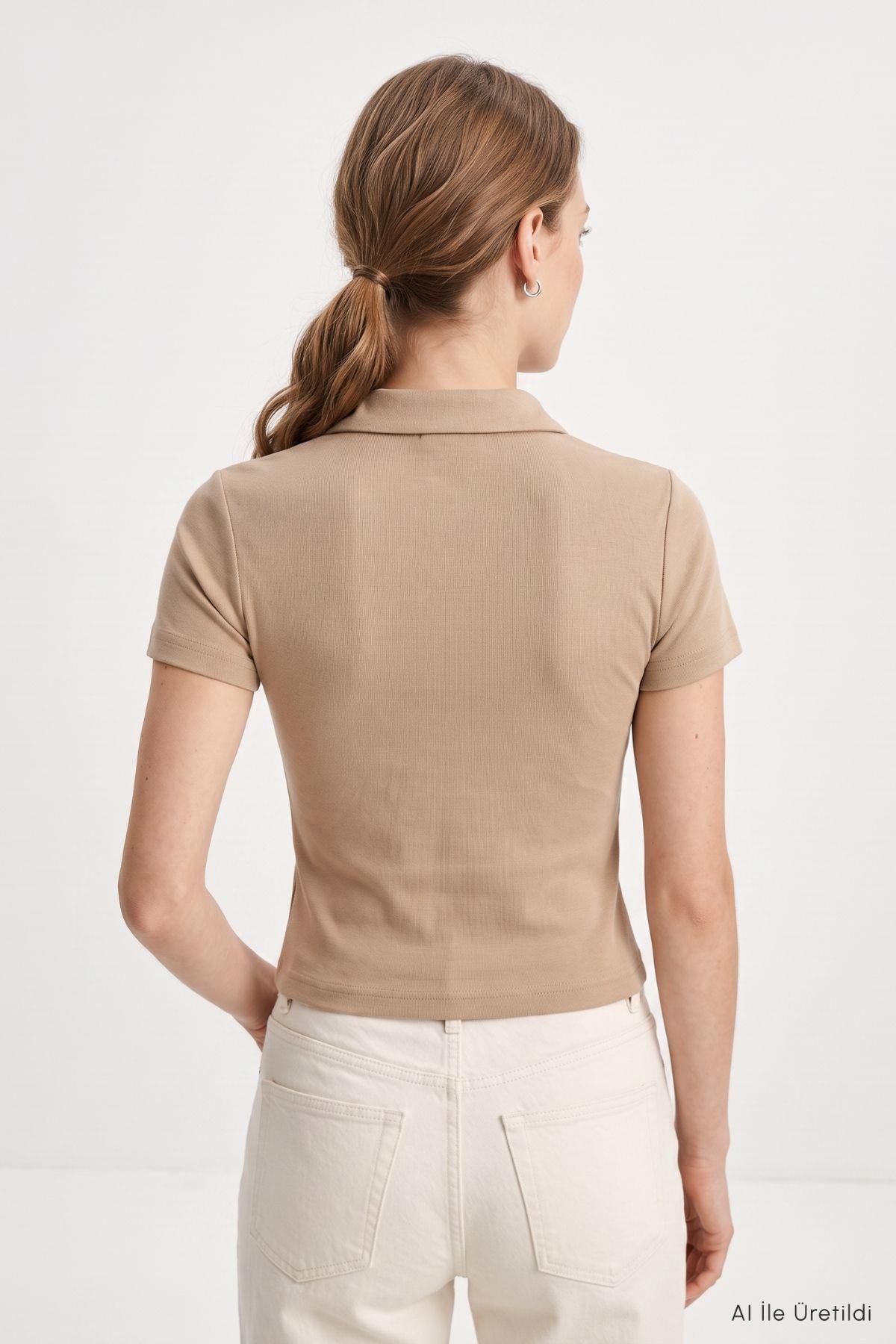 Polo Yaka Kısa Kol Crop Tişört 26651 Vizon - RAYS