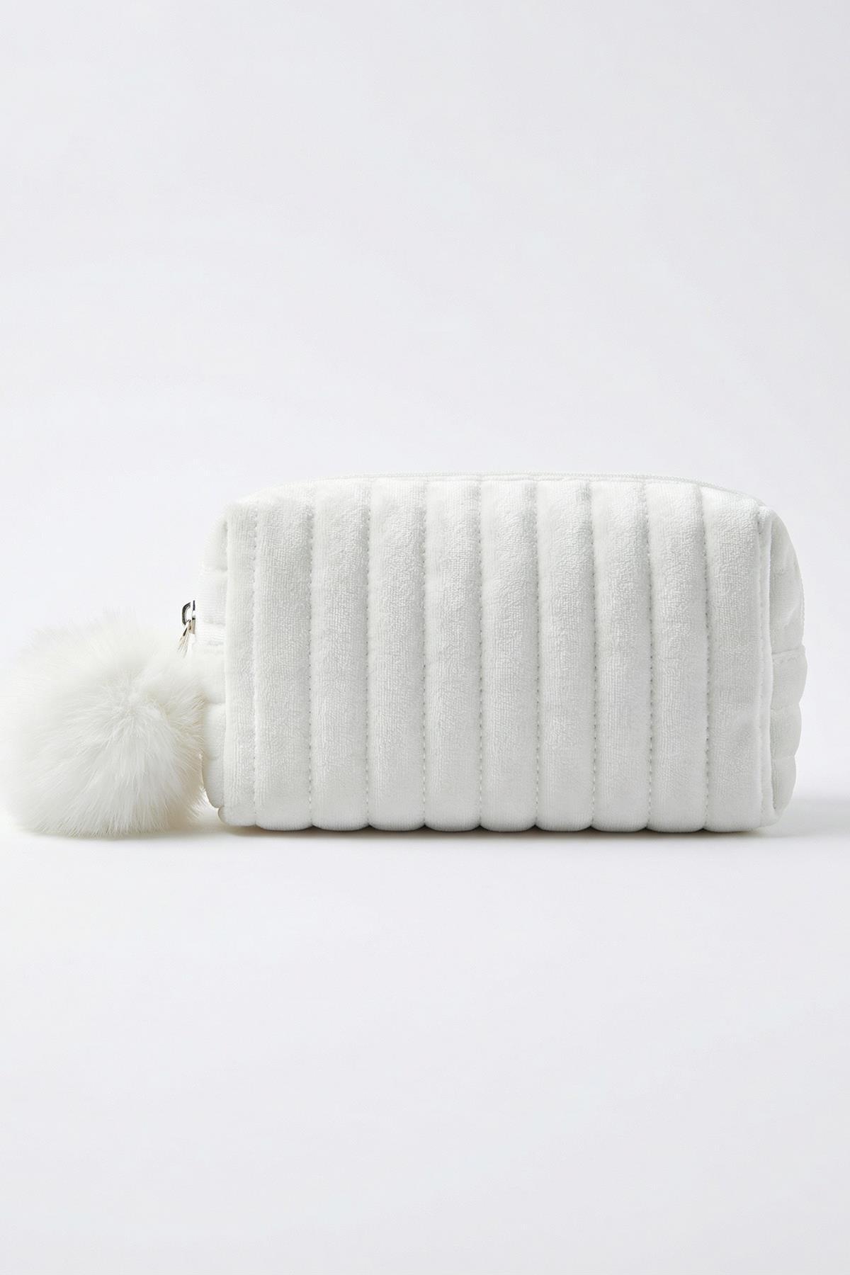  Ponponlu Makyaj Çantası Beyaz 9230 - RAYS