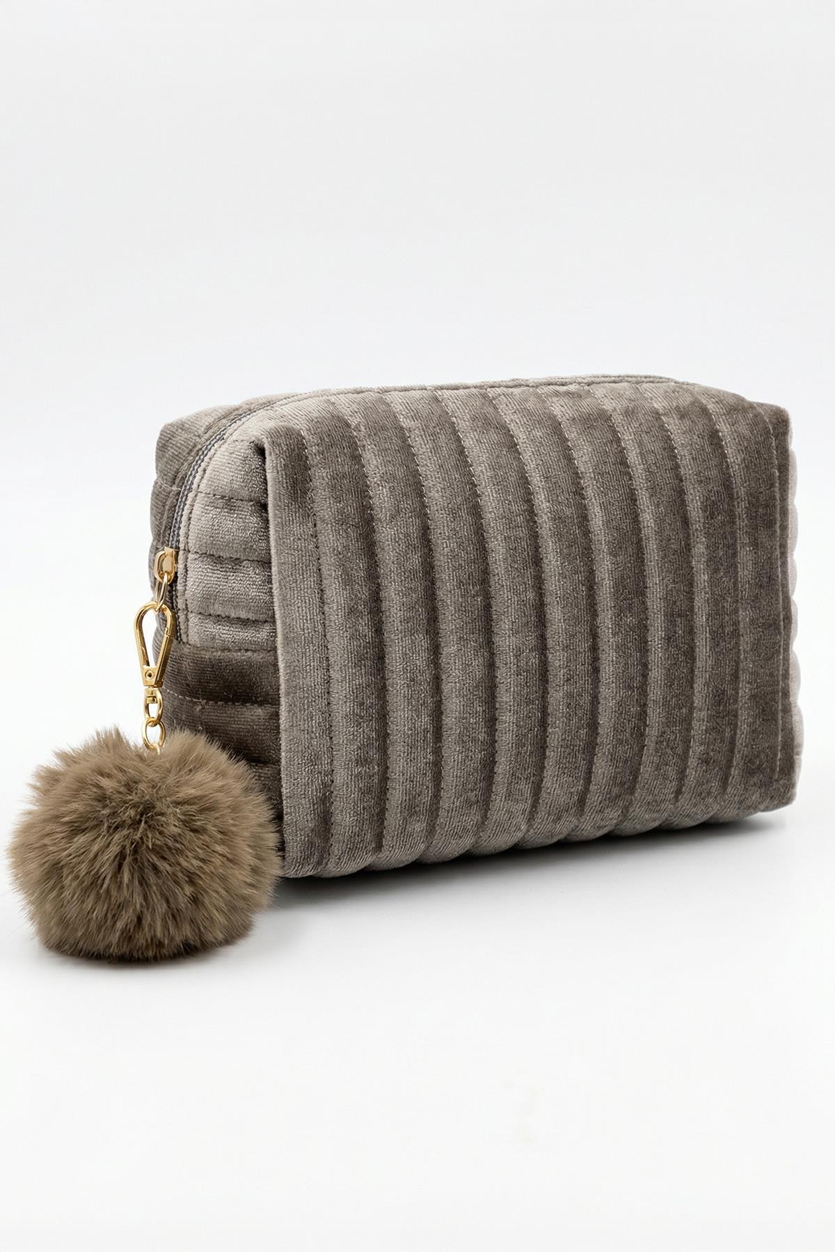  Ponponlu Makyaj Çantası Kahve 9230 - 1