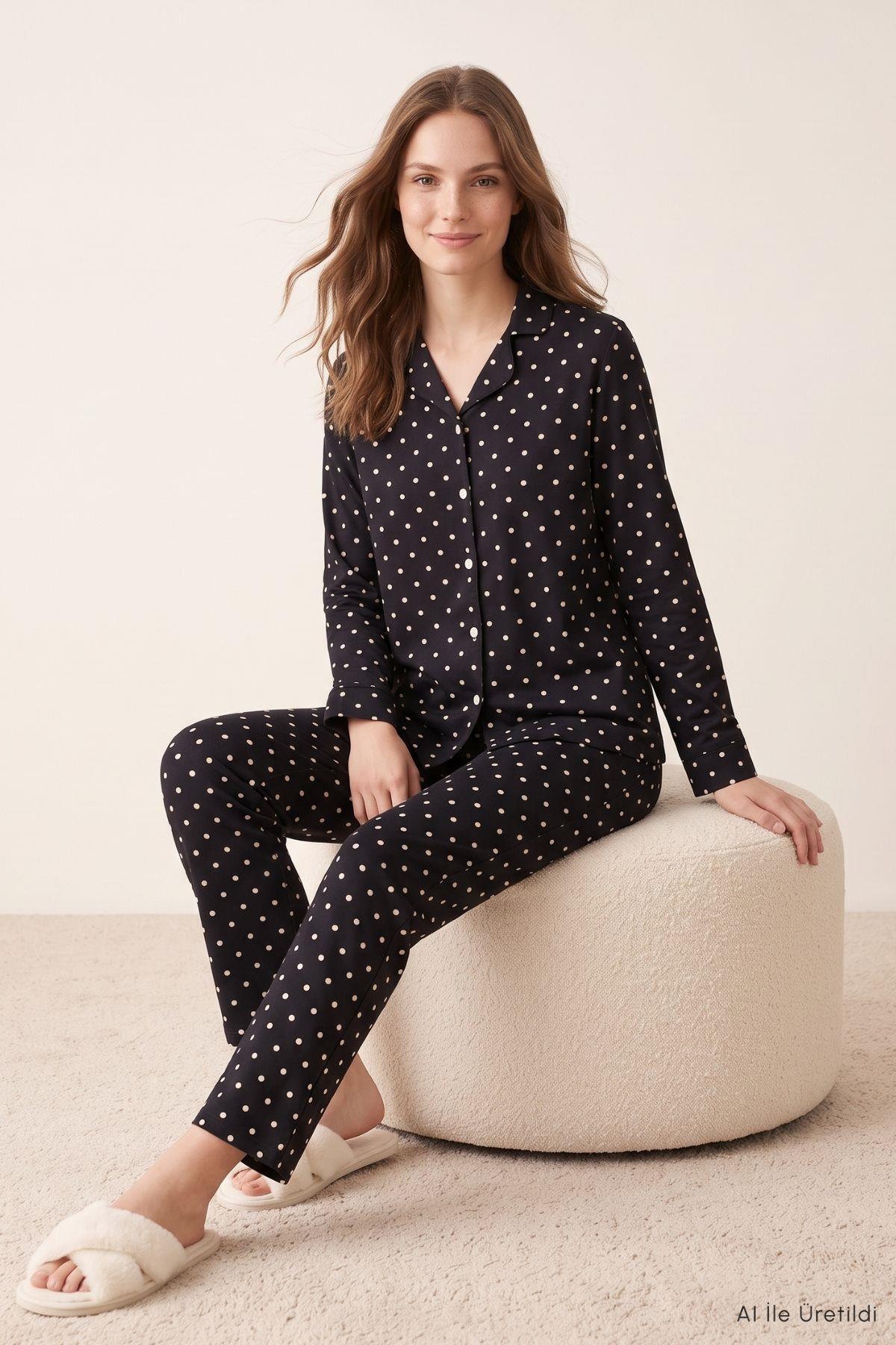 Puantiyeli Düğmeli Pijama Takımı 5602 Siyah - 1