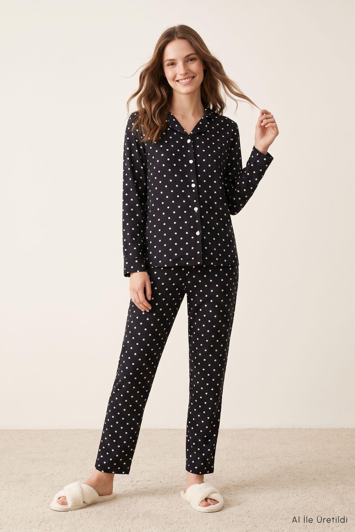 Puantiyeli Düğmeli Pijama Takımı 5602 Siyah - Rays