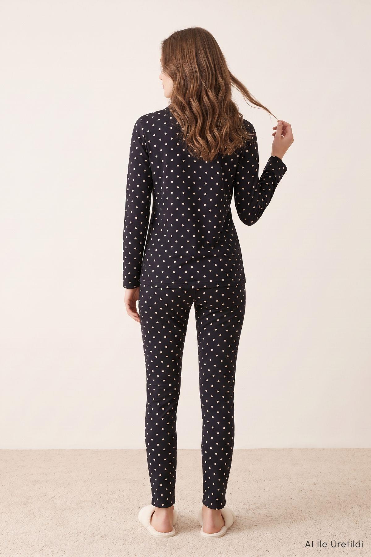 Puantiyeli Düğmeli Pijama Takımı 5602 Siyah - 3