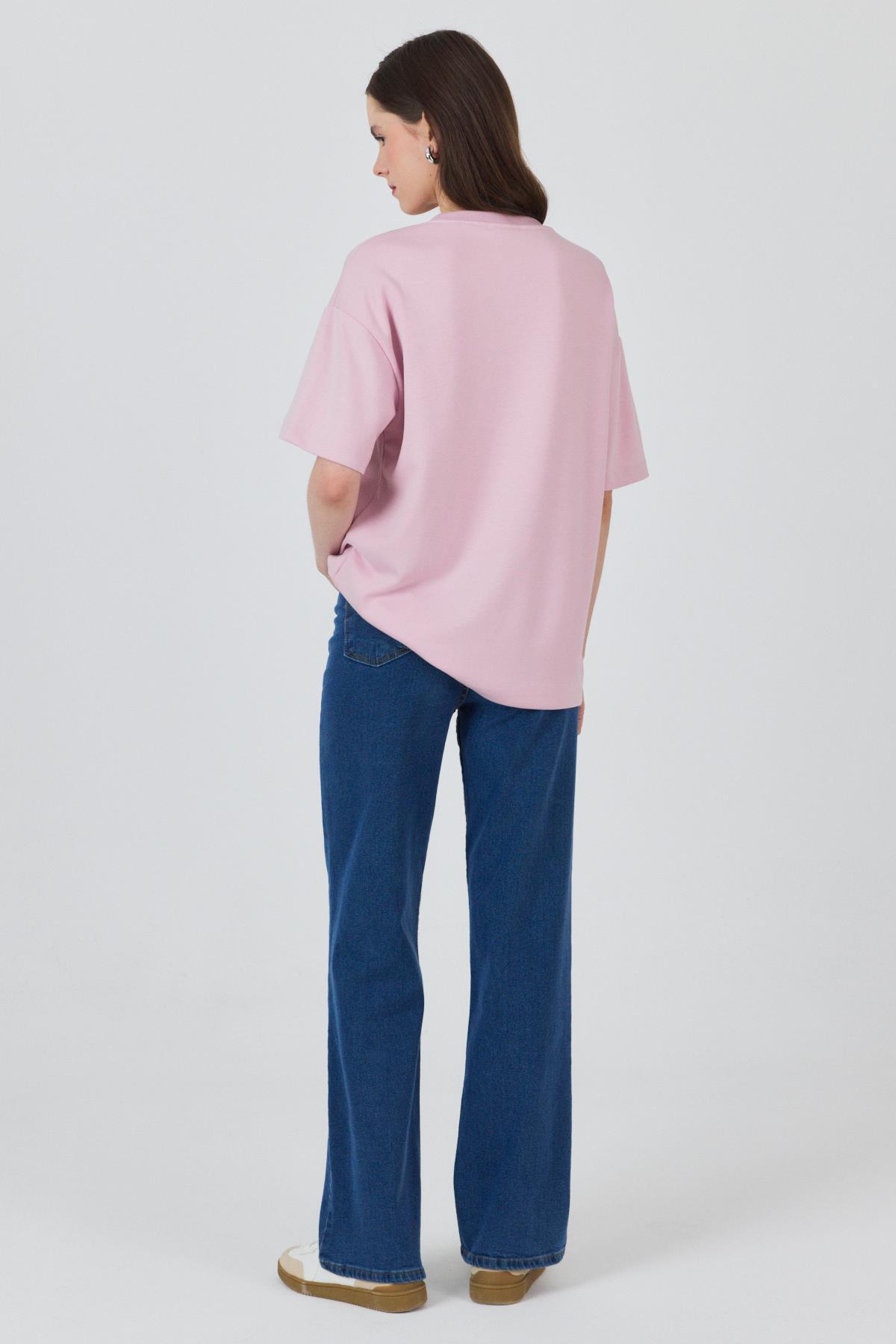 Pudra Ayıcık Baskılı Bisiklet Yaka Oversize Tişört 5530 - 6