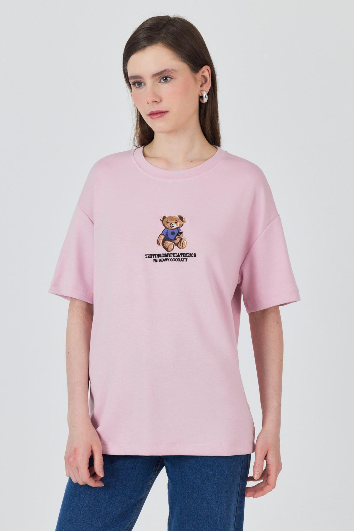 Pudra Ayıcık Baskılı Bisiklet Yaka Oversize Tişört 5530 - 2