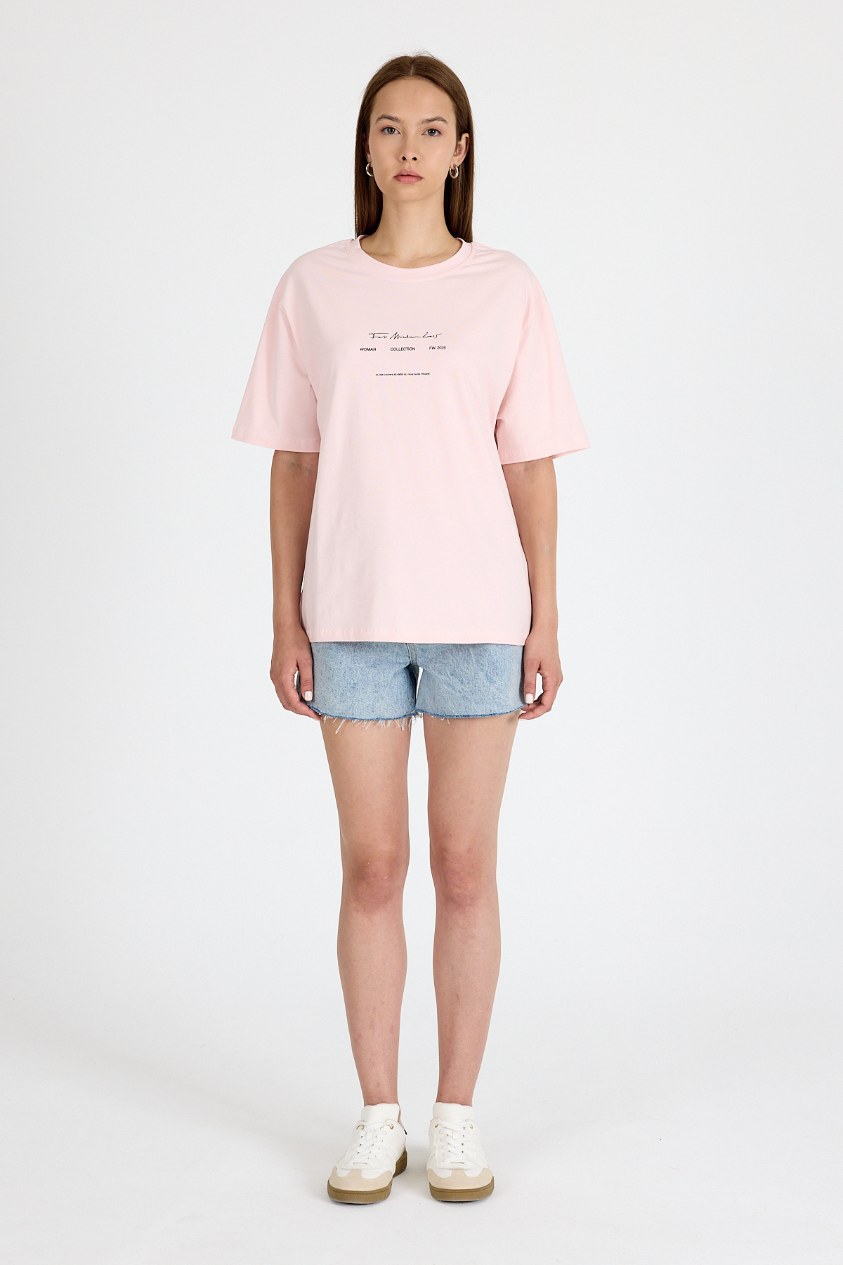 Pudra Bisiklet Yaka Yazı Baskılı Oversize Tişört 5832 - 3