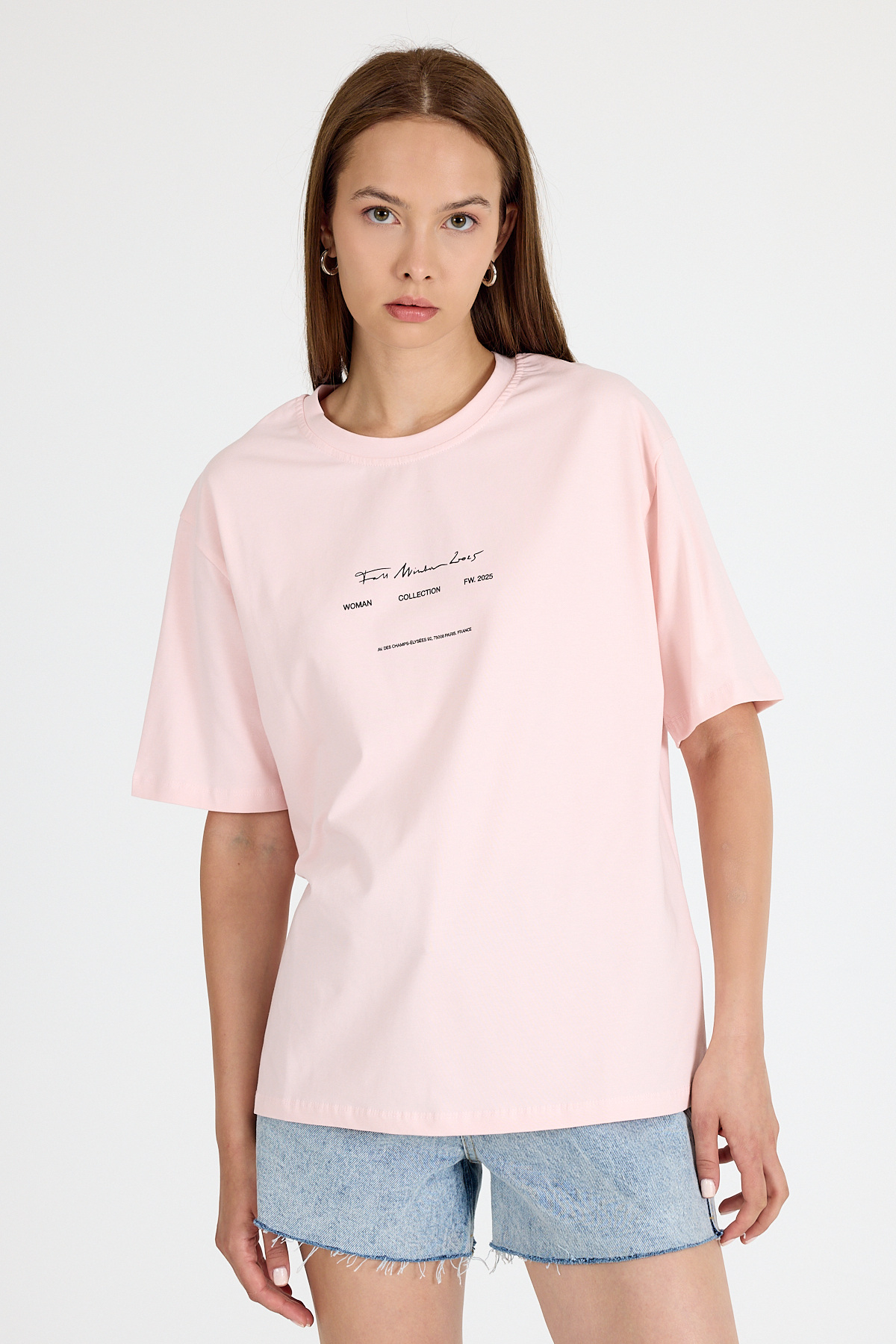 Pudra Bisiklet Yaka Yazı Baskılı Oversize Tişört 5832 - 1