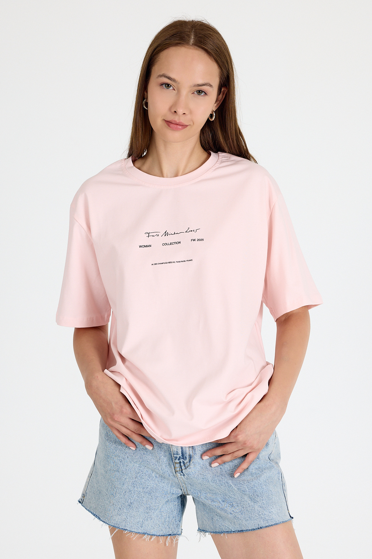 Pudra Bisiklet Yaka Yazı Baskılı Oversize Tişört 5832 - 6