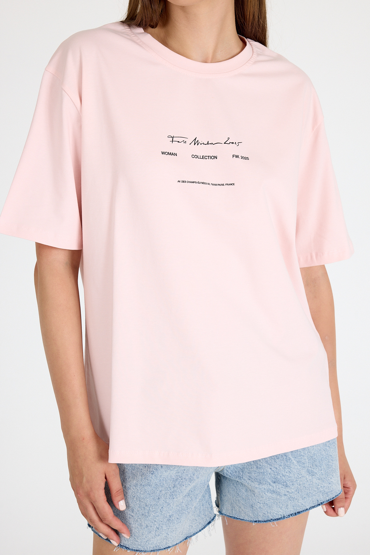 Pudra Bisiklet Yaka Yazı Baskılı Oversize Tişört 5832 - 2