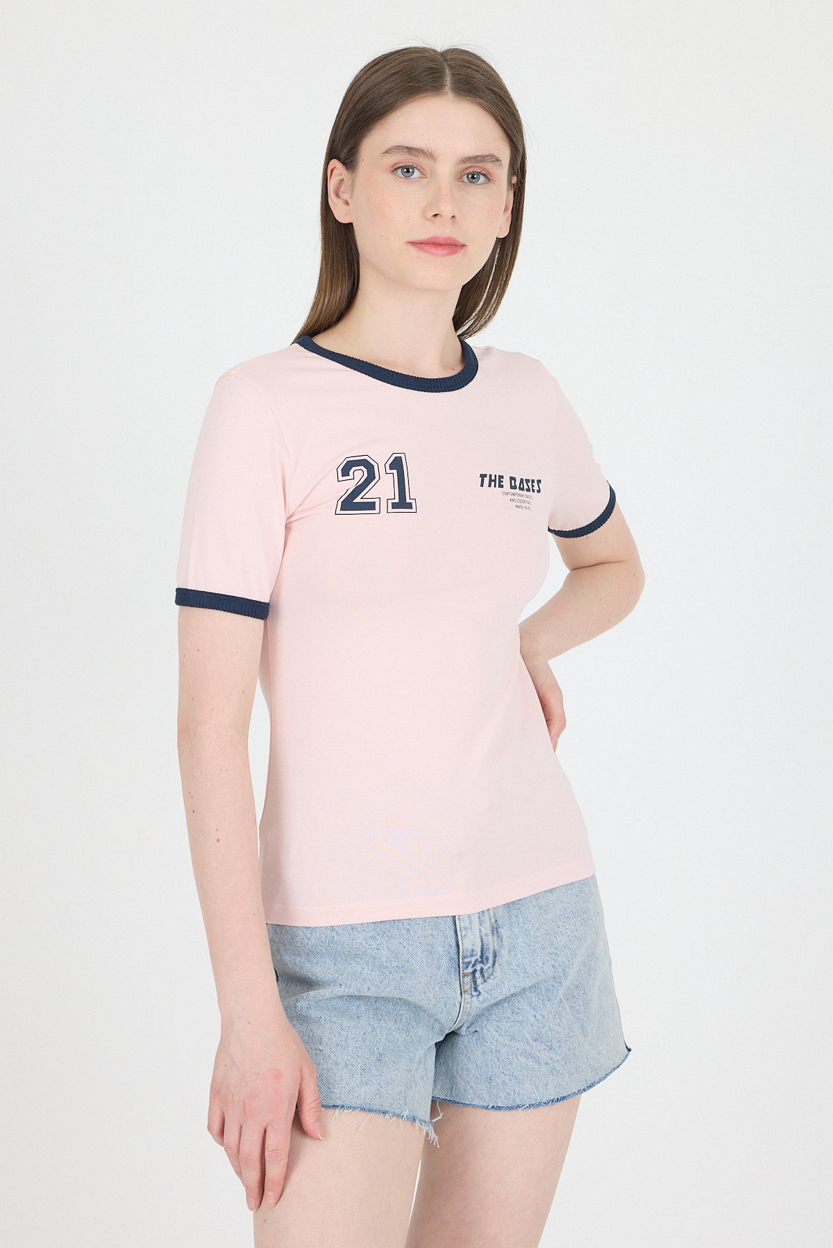 Pudra Ribanalı Yazı Baskılı Slim Fit Tişört 5981 - 1
